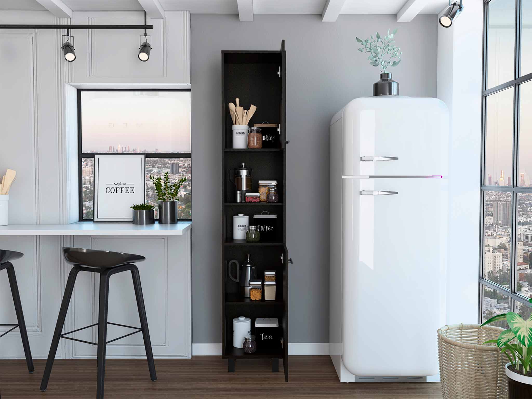 FM FURNITURE Sheffield Pantry Cabinet, With Two Cabinets And Two Open Shelves
