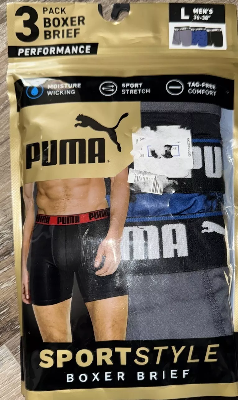 PUMA 3 PAIR MEN'S BOXER BRIEFS POLYESTER BLEND PERFORMANCE - SIZE: MEN L (36-38 - New