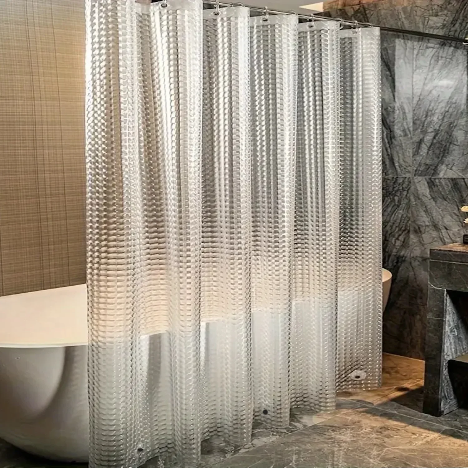 Waterproof Clear Crystal Shower Curtain with Hooks – Transparent Bath Décor