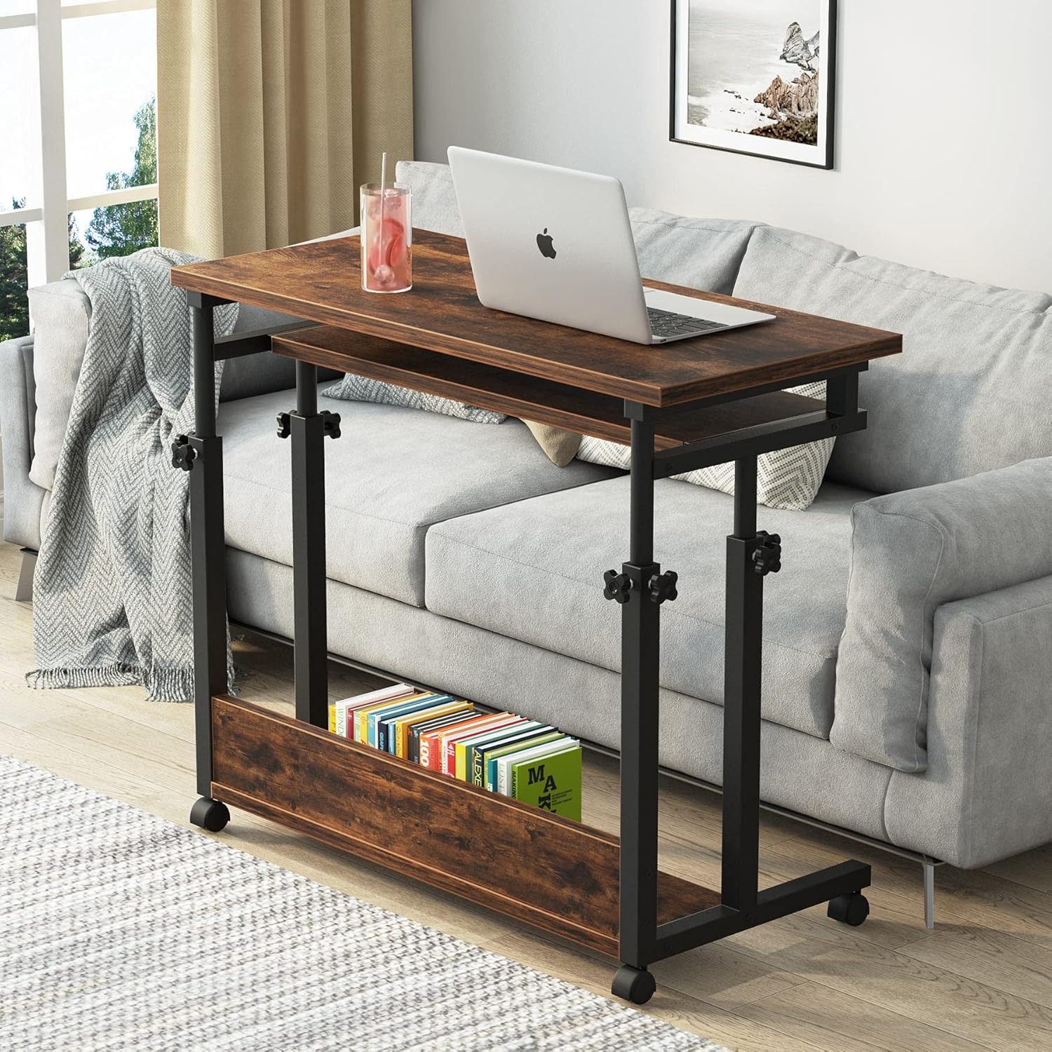 Portable Desk For Sofa And Bed, Height Adjustable Laptop Table Small Standing Desk Rolling Computer Cart With Keyboard Tray On Wheels For Home Office
