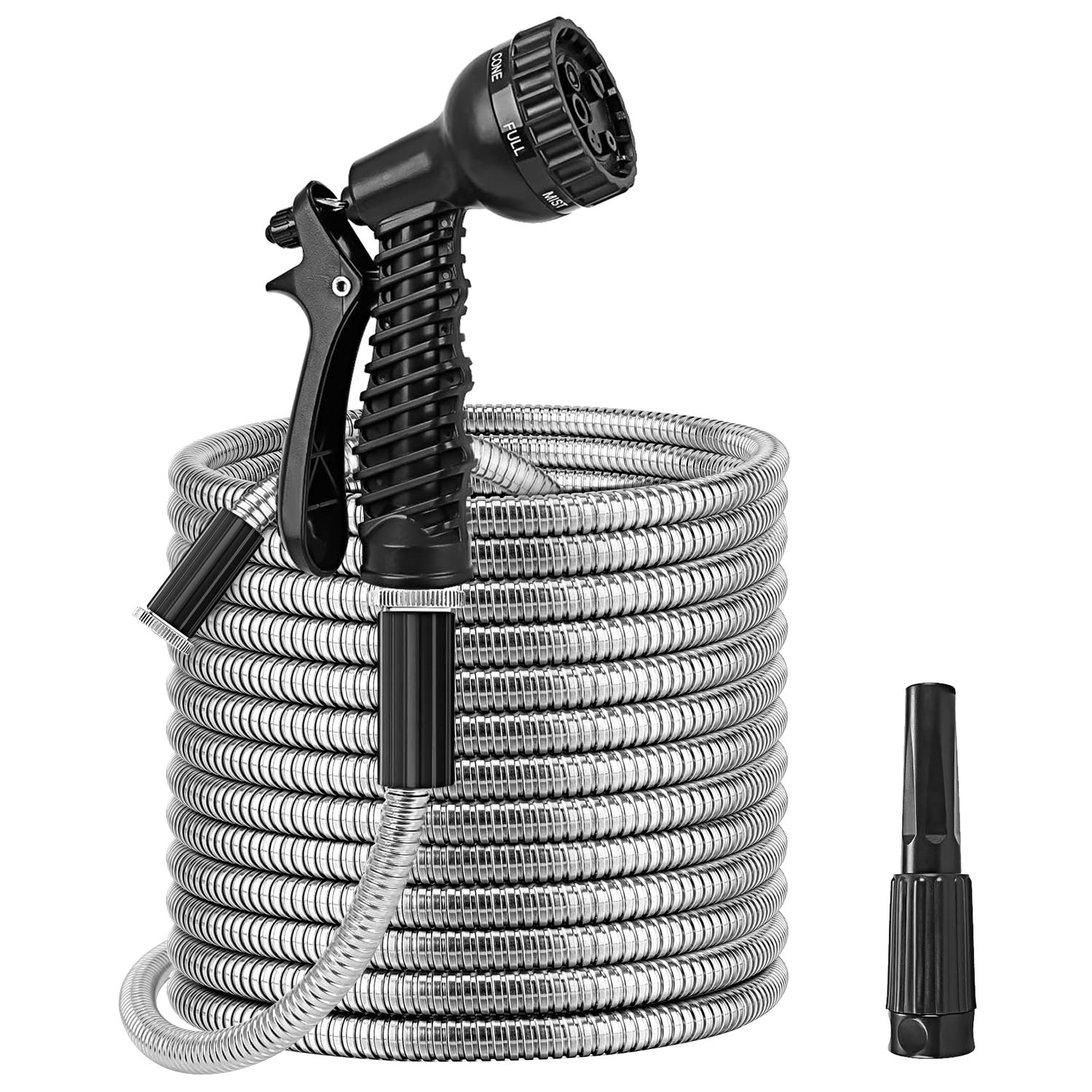 25FT/100FT Heavy Duty Stainless Steel Garden Hose Garden Watering Kit Metal Water Hose with 2 Nozzles 12 Patterns Flexible Extendable Kink Tangle