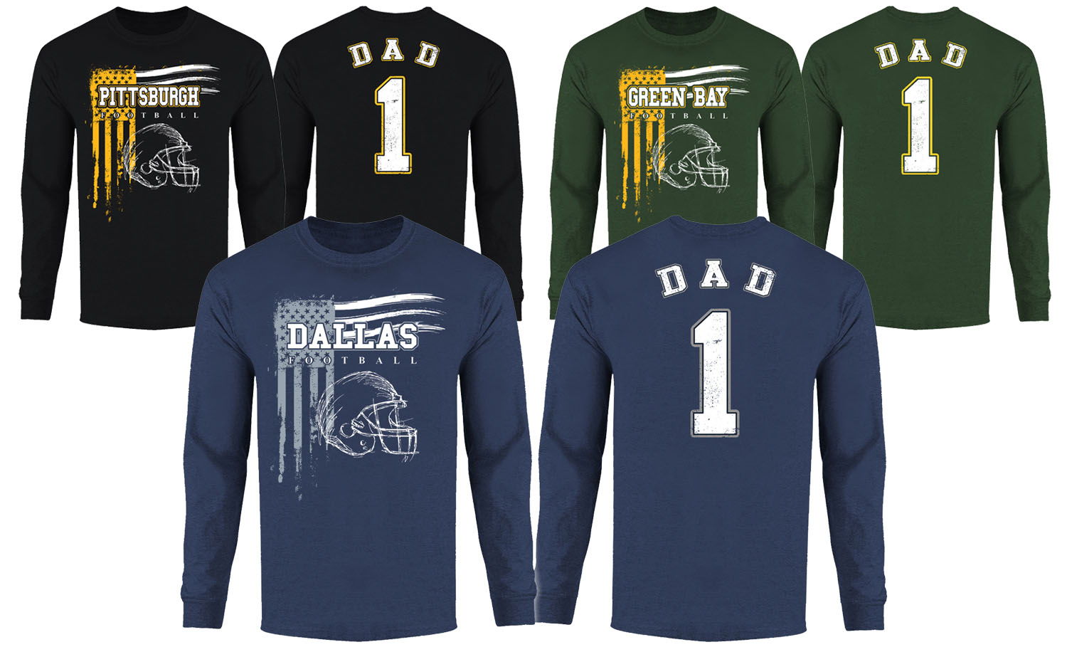 Men Dad #1 Vintage USA Flag Football Long Sleeve Shirt