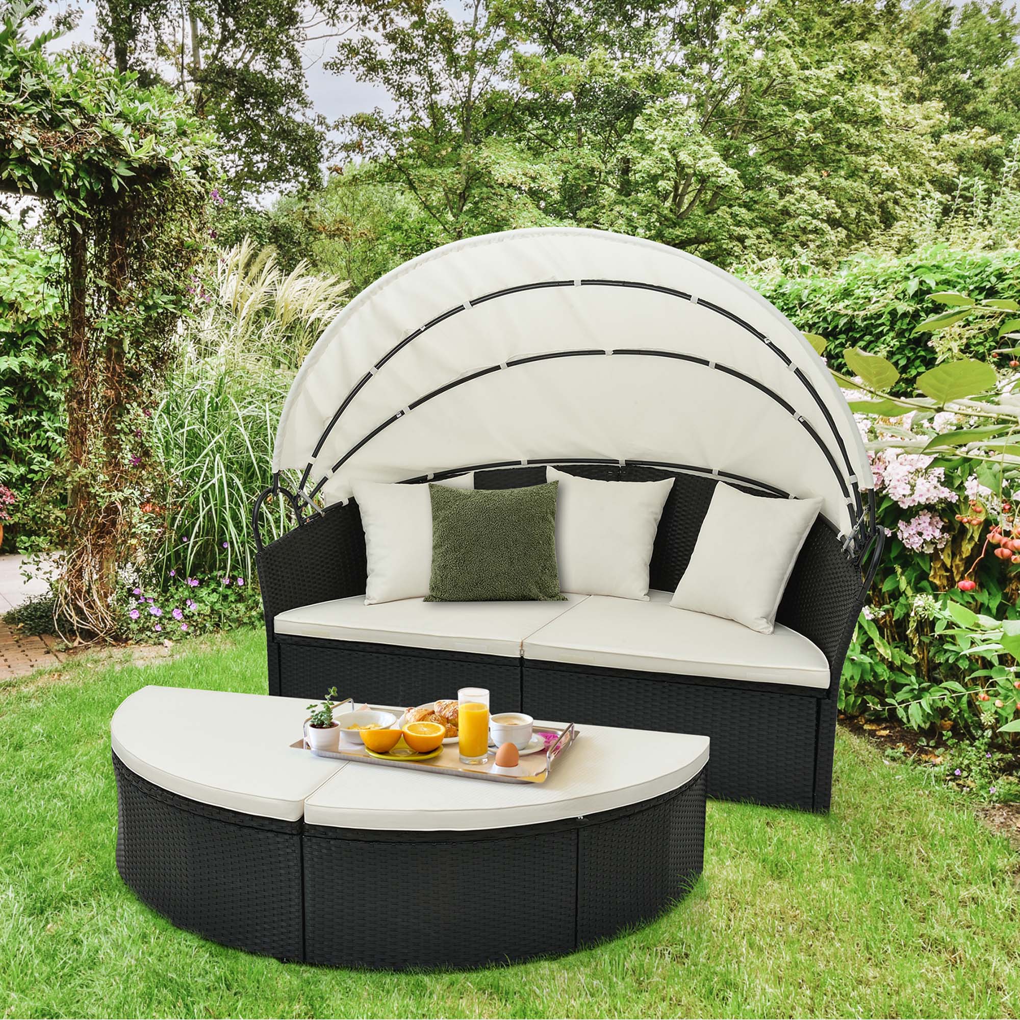 Costway Off White Patio Round Daybed with Retractable Canopy Rattan Sectional Seating