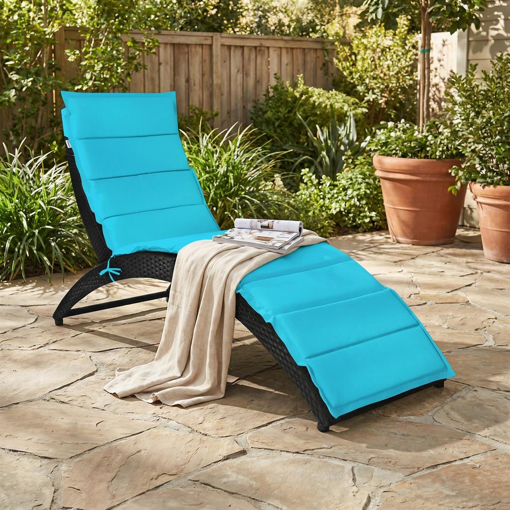 Folding Patio Rattan Portable Lounge Chair Chaise with Cushion-Turquoise
