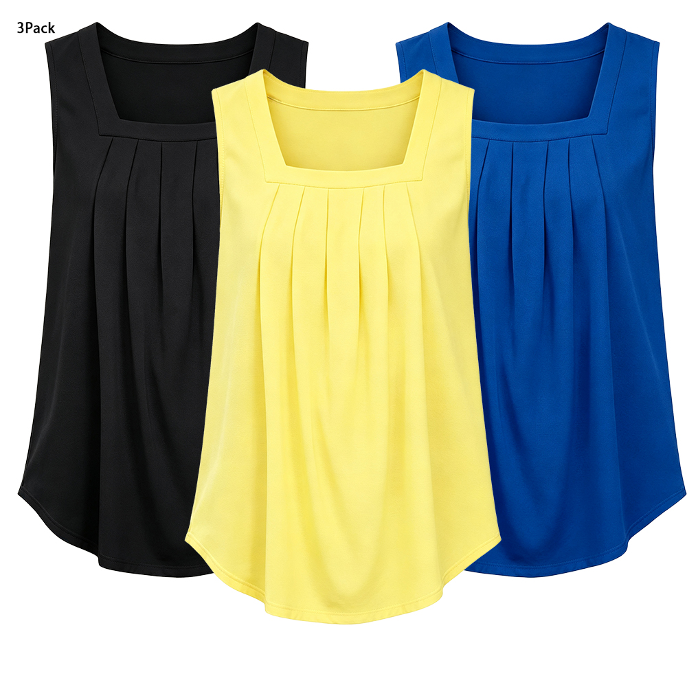 Women's 3-Pack Square Neck Pleated Tank Tops – Loose Fit Flowy Summer Tops
