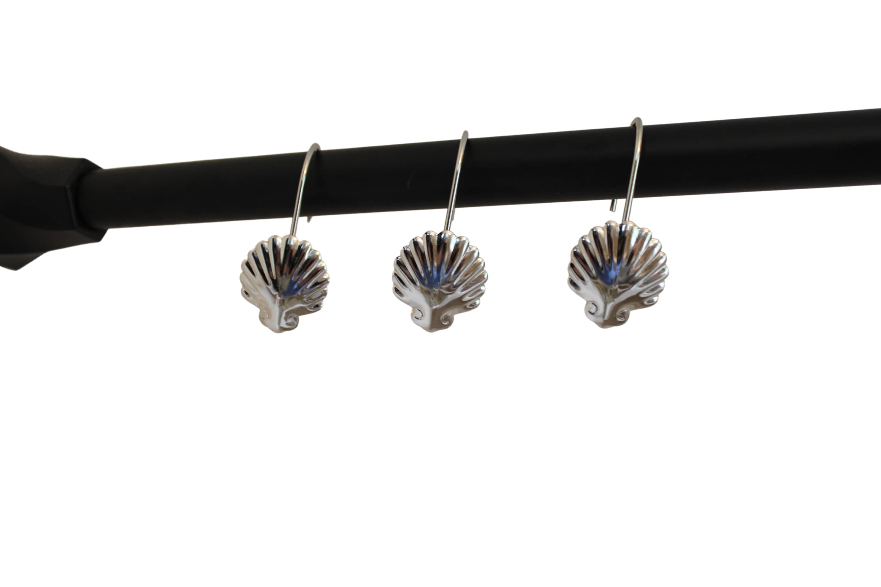 Silver Shower Curtain Rings Hooks Polished Shiny Chrome Seashells Decorative Set of 12 Metal Rust-Proof Shower Hanger Rings for Bathroom Curtains Rods