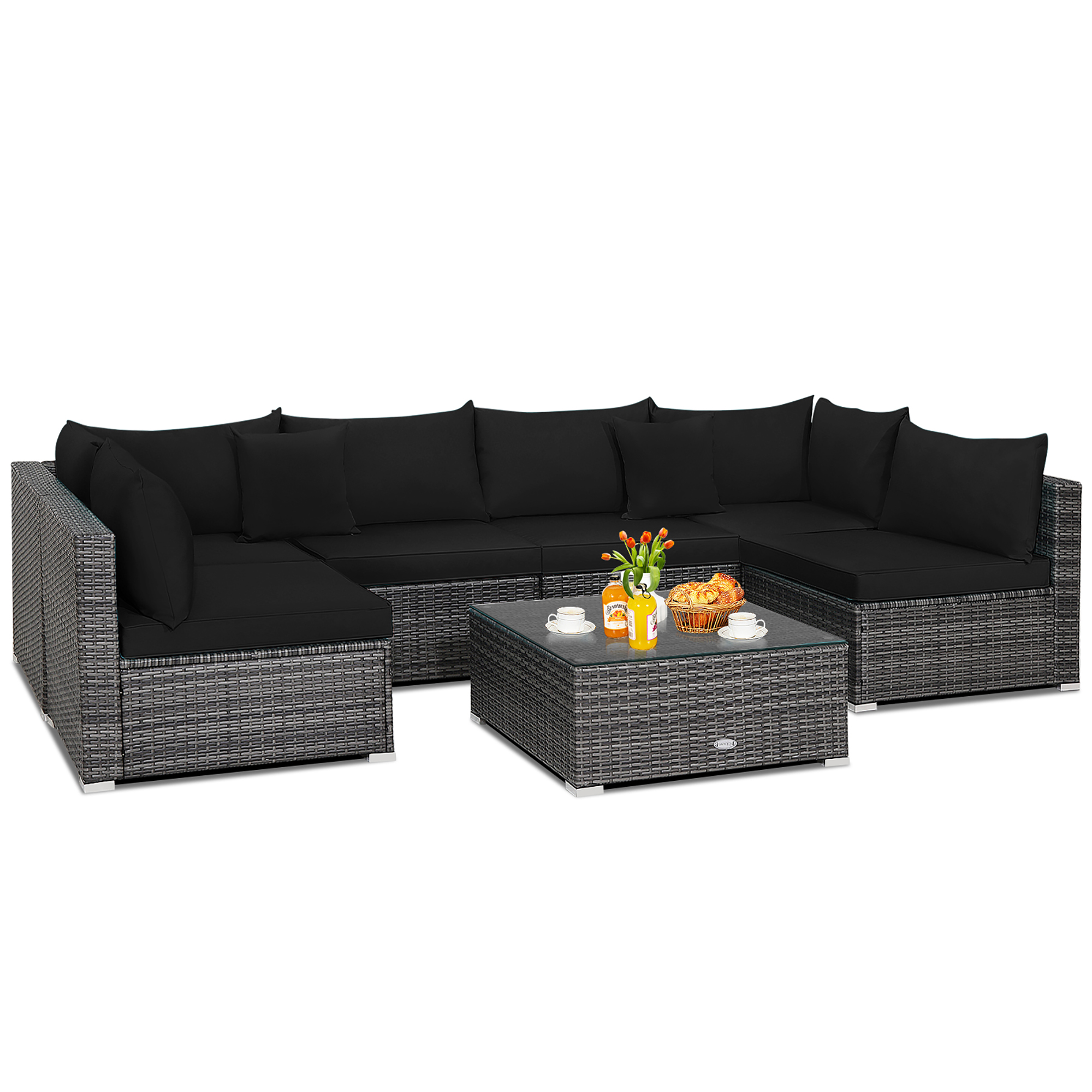 Costway 7PCS Patio Rattan Furniture Set Sectional Sofa Cushioned Garden Black/Grey/Navy/Peacock Blue/Off White/Turquoise/Beige