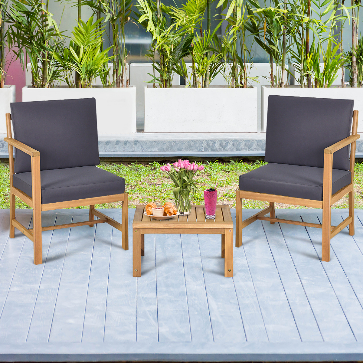 Costway 3 in 1 Solid Wood Patio Set