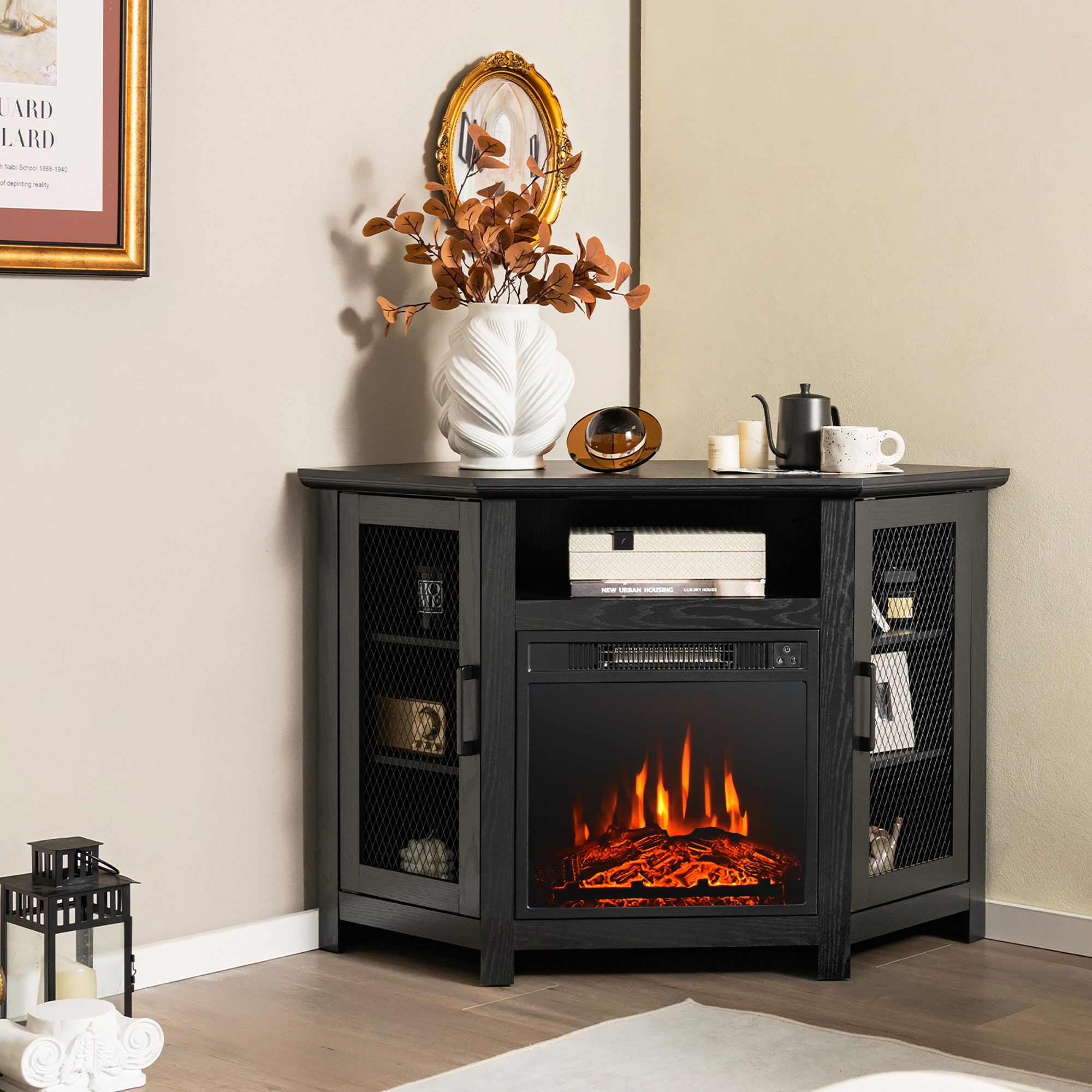Costway Corner Fireplace TV Stand w/ 18'' Electric Fireplace for TVs up to 50'' Grey/Rustic/Black