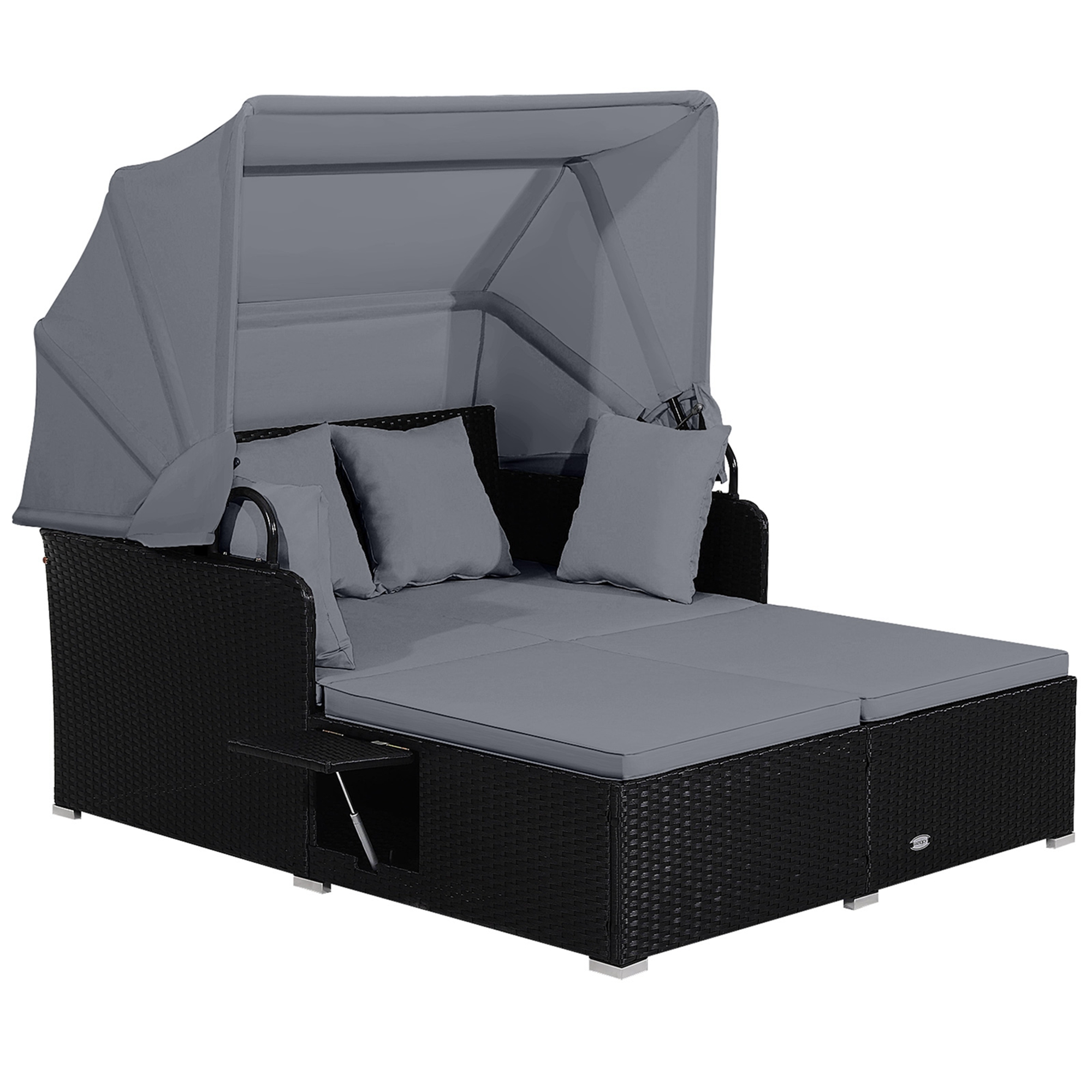 Costway Patio Rattan Daybed Lounge Retractable Top Canopy Side Tables Cushions Navy