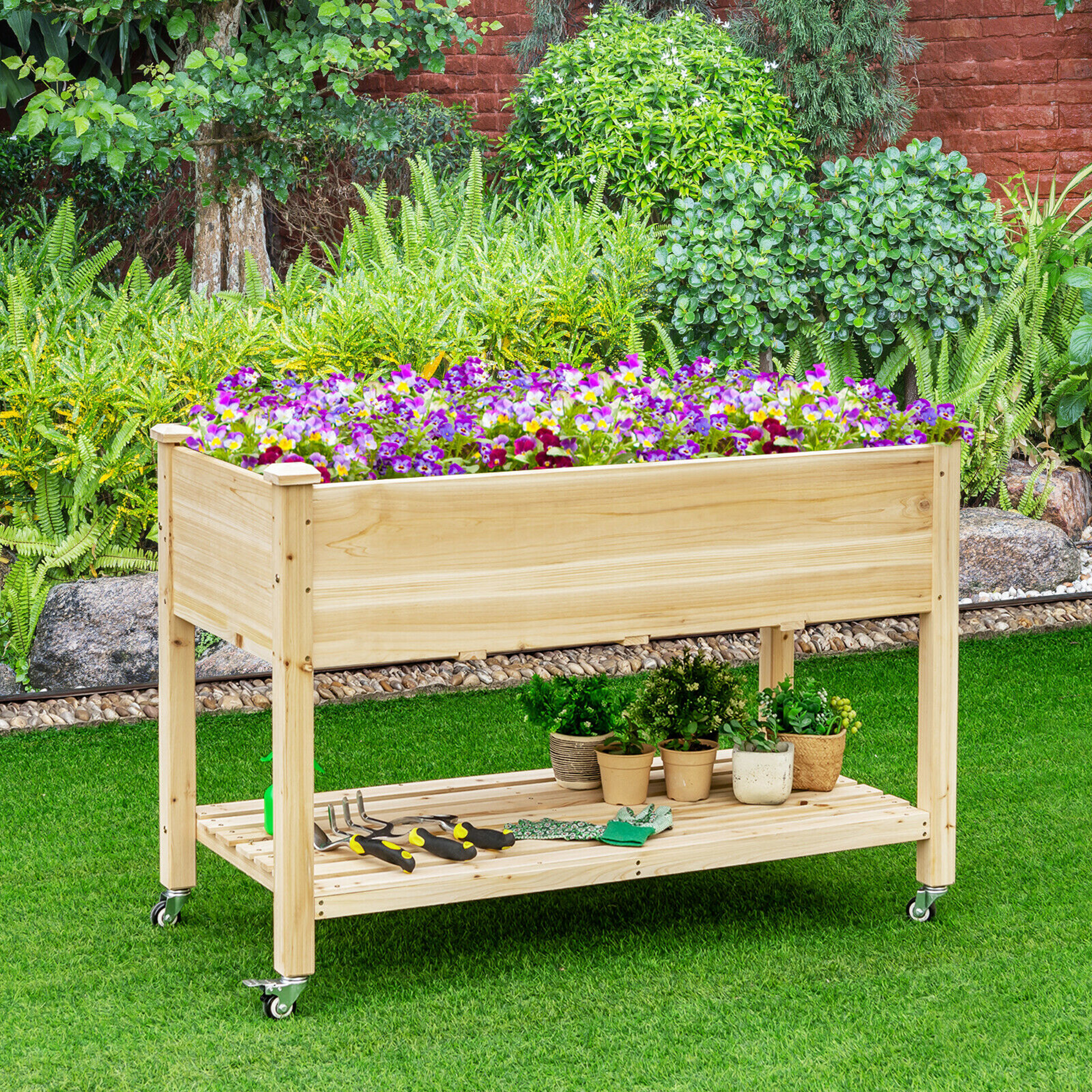 Costway Raised Garden Bed Wood Elevated Planter Bed w/Lockable Wheels Shelf & Liner