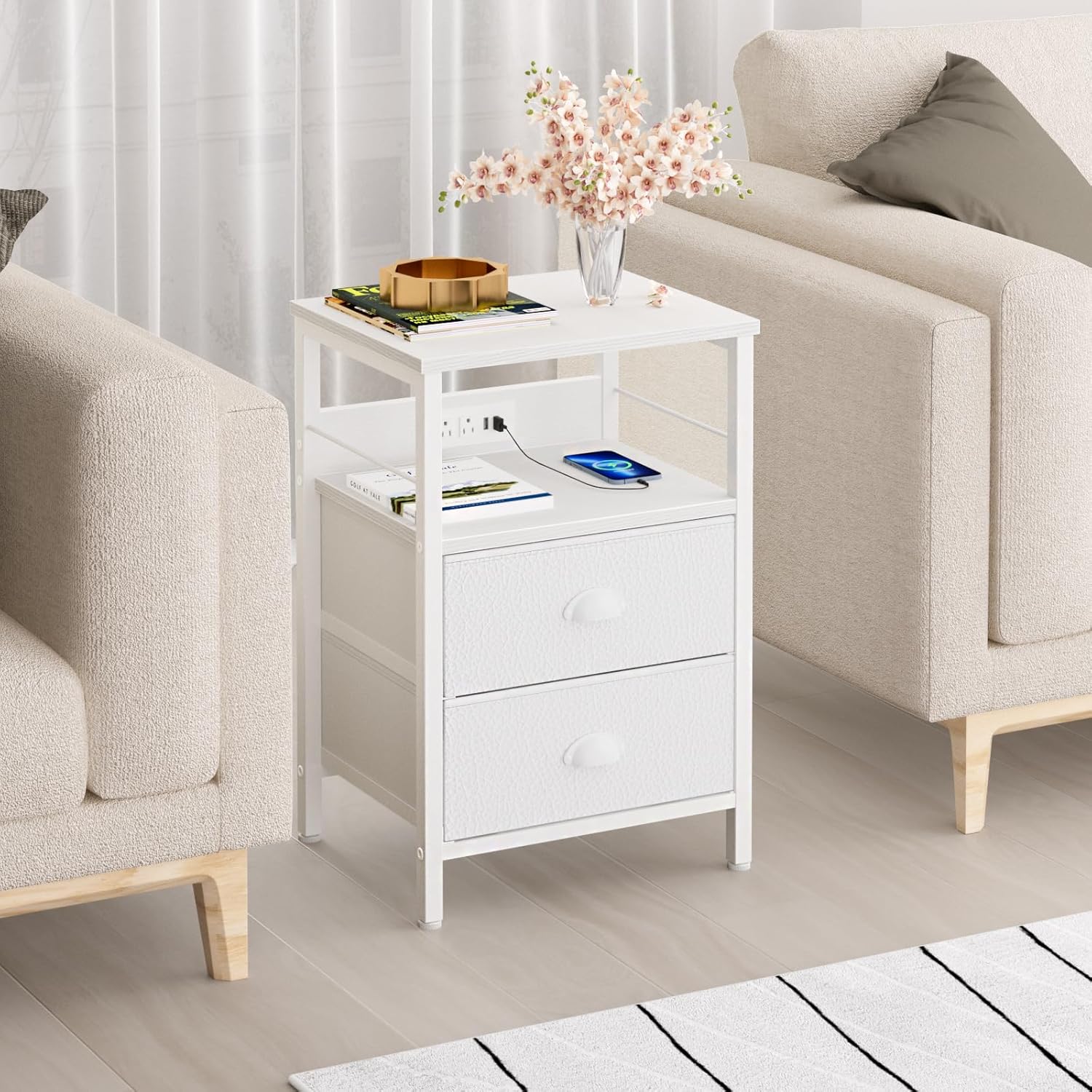 End Table with Charging Station Nightstand with Fabric Drawers Side Tables with USB Ports & Outlets for Living Room Bedroom