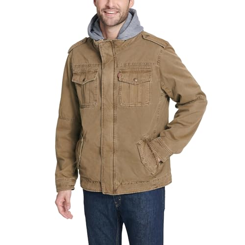 LM8RC364 LEVIS MEN'S WASHED COTTON HOODEDJACKET SIZE: M - KHAKI/SHERPA LINED - New