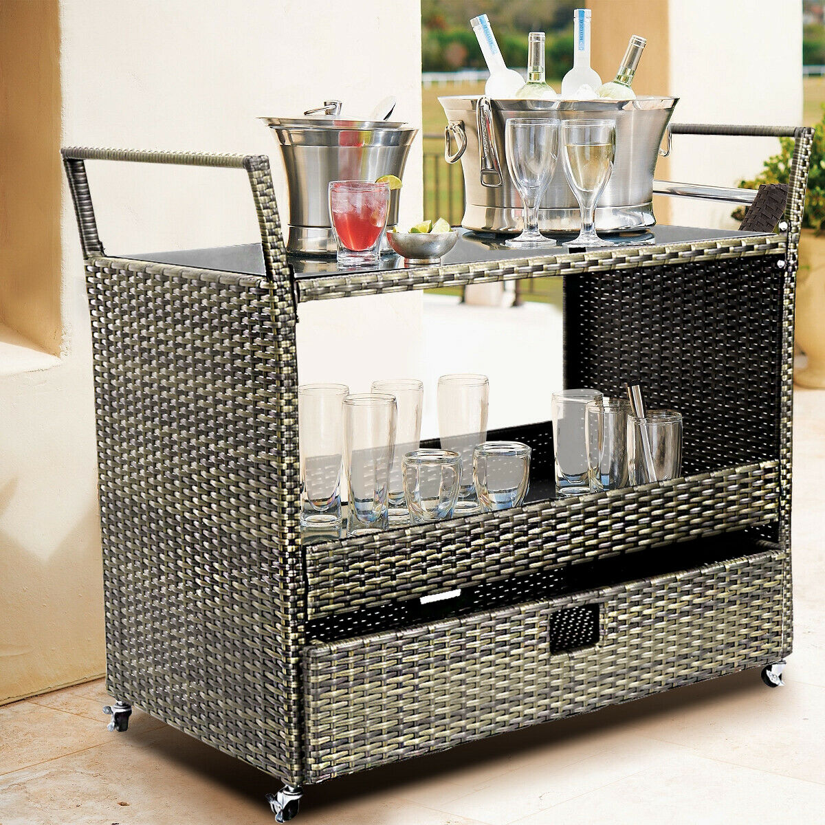 Rolling Rattan Kitchen Trolley Cart