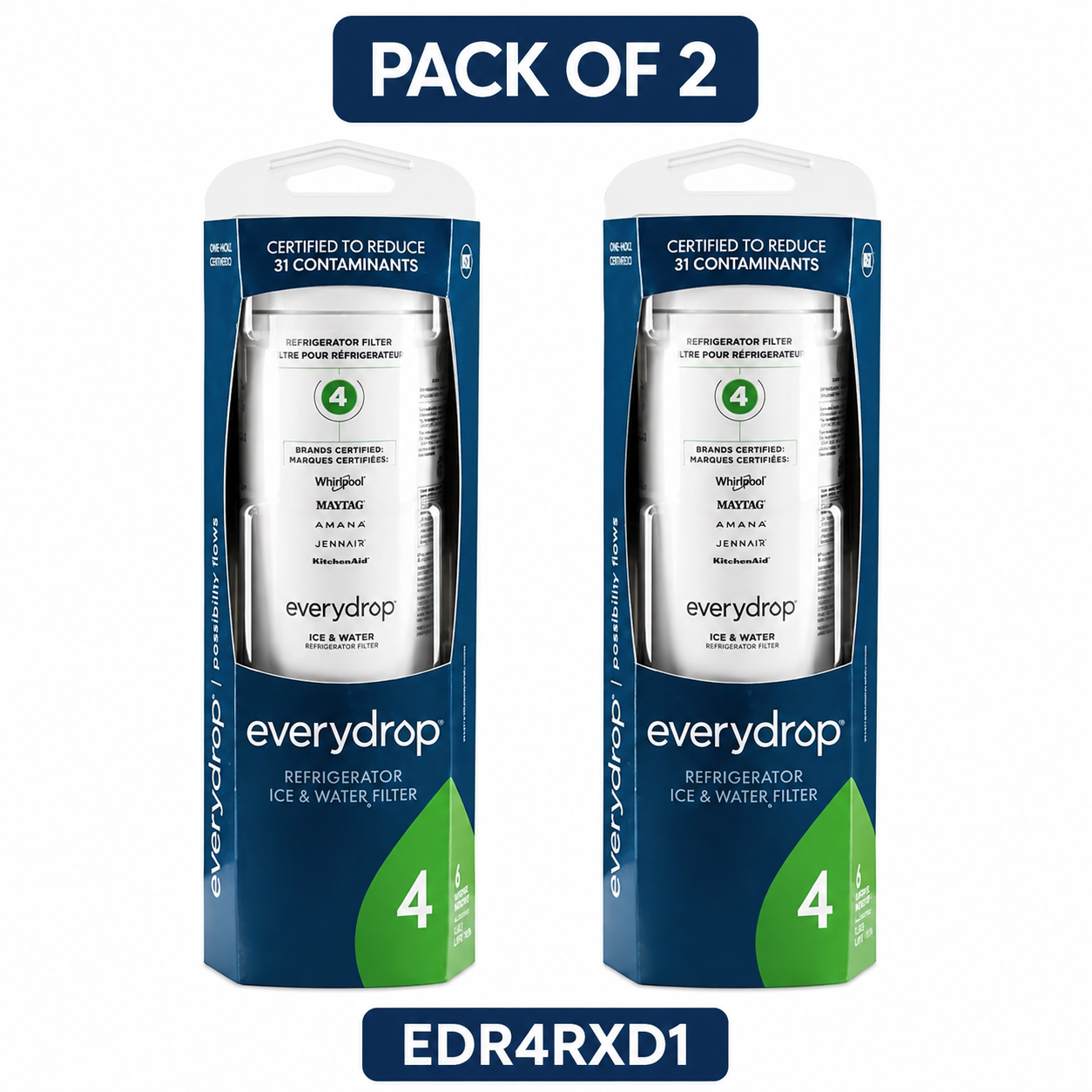 2-Pack Everydrop by Whirlpool Ice and Water Refrigerator Filter 4, EDR4RXD1 - Pack Of 2