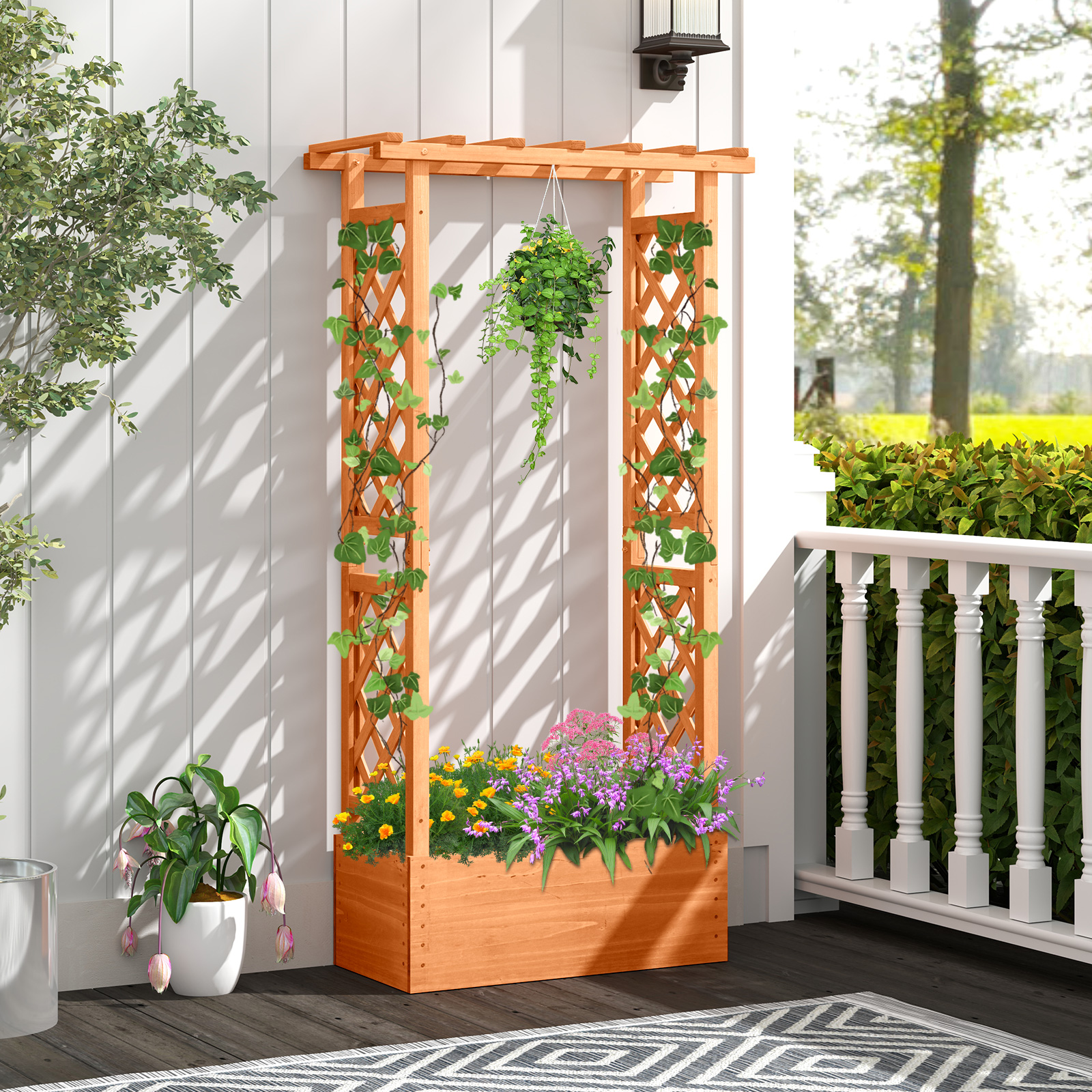 Costway Raised Garden Bed Planter Box w/ Side & Top Trellis for Vine Climbing Plants