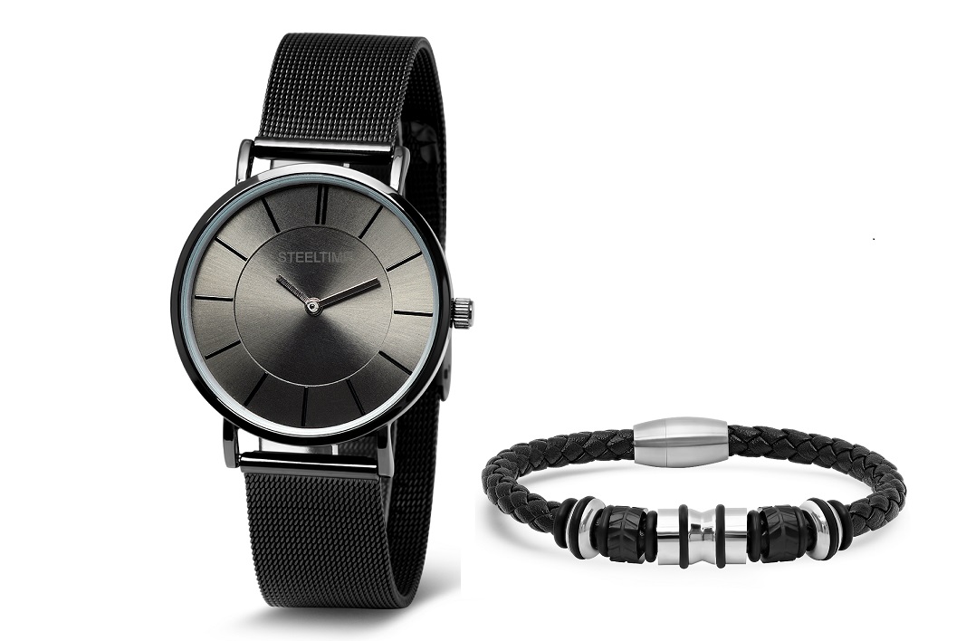 Bracelet & Watch Set W/ Leather Braided Bracelet W/ Stainless Steel Designs