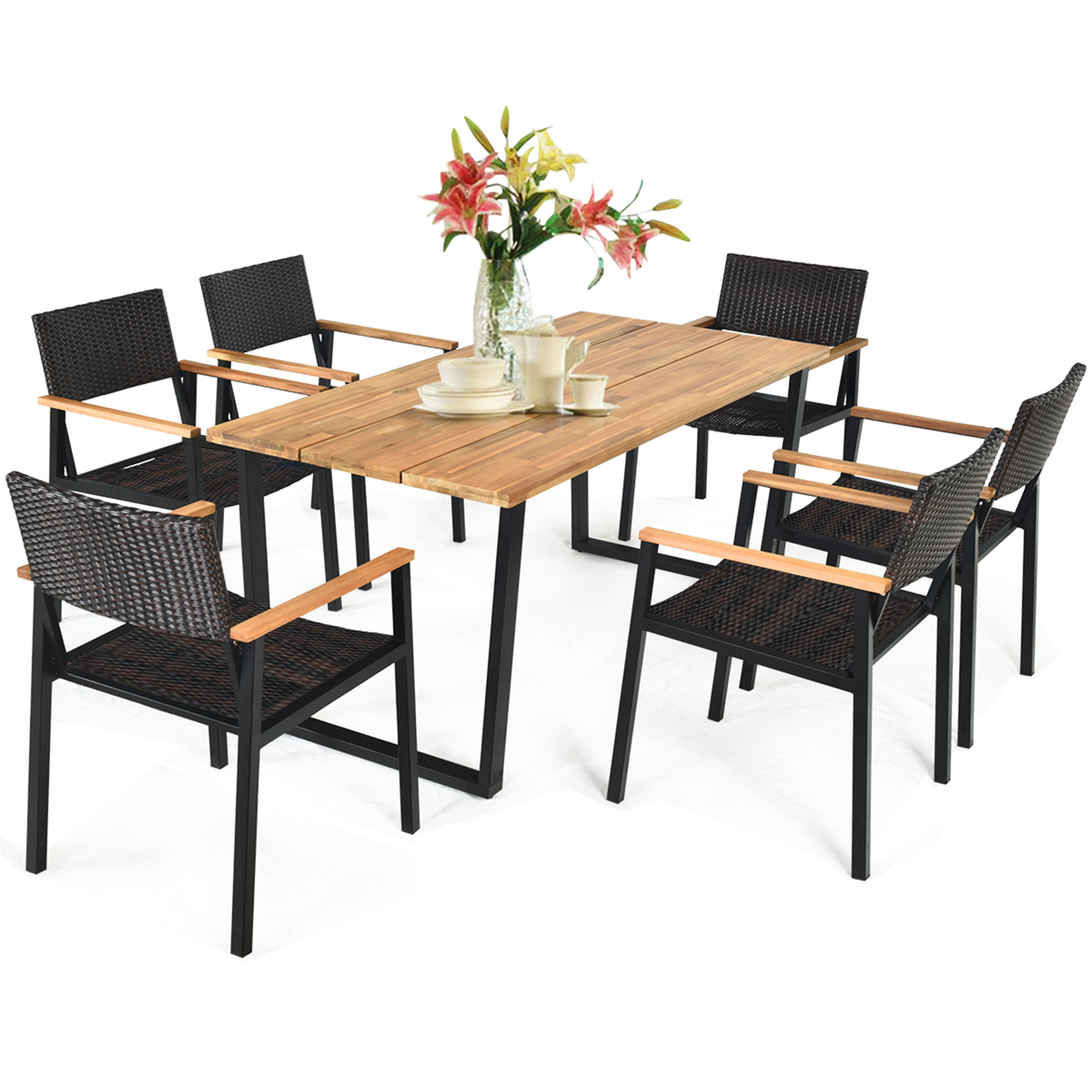 7 Piece Set: Costway Patio Rattan Solid Wood Dining Set