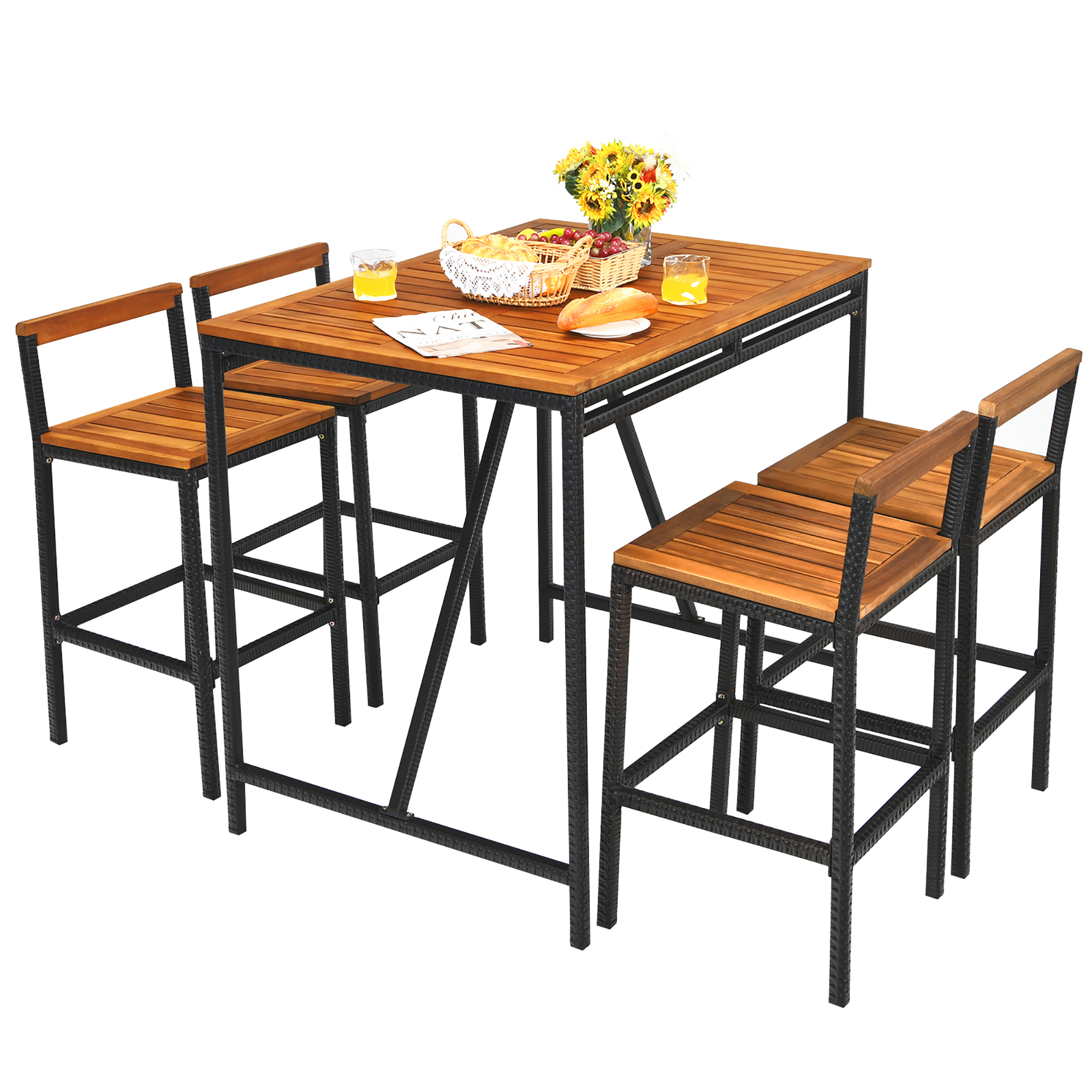5 Piece Set:  Patio Acacia Wood Top Bar Table & Stool Set