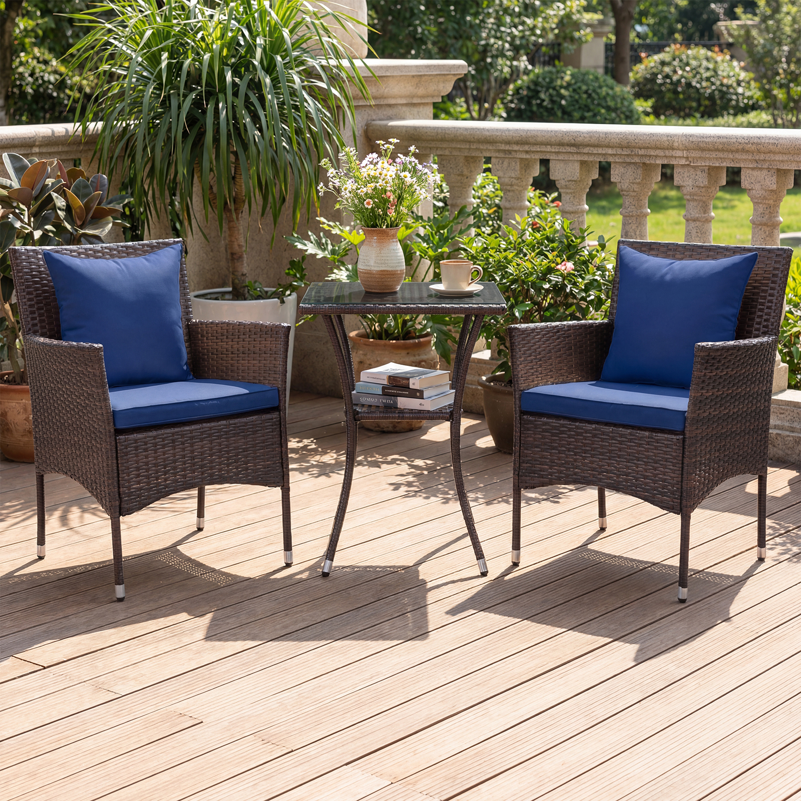 Costway 3 PCS Patio Furniture Set with Cushioned Patio Chairs & Tempered Glass Coffee Table