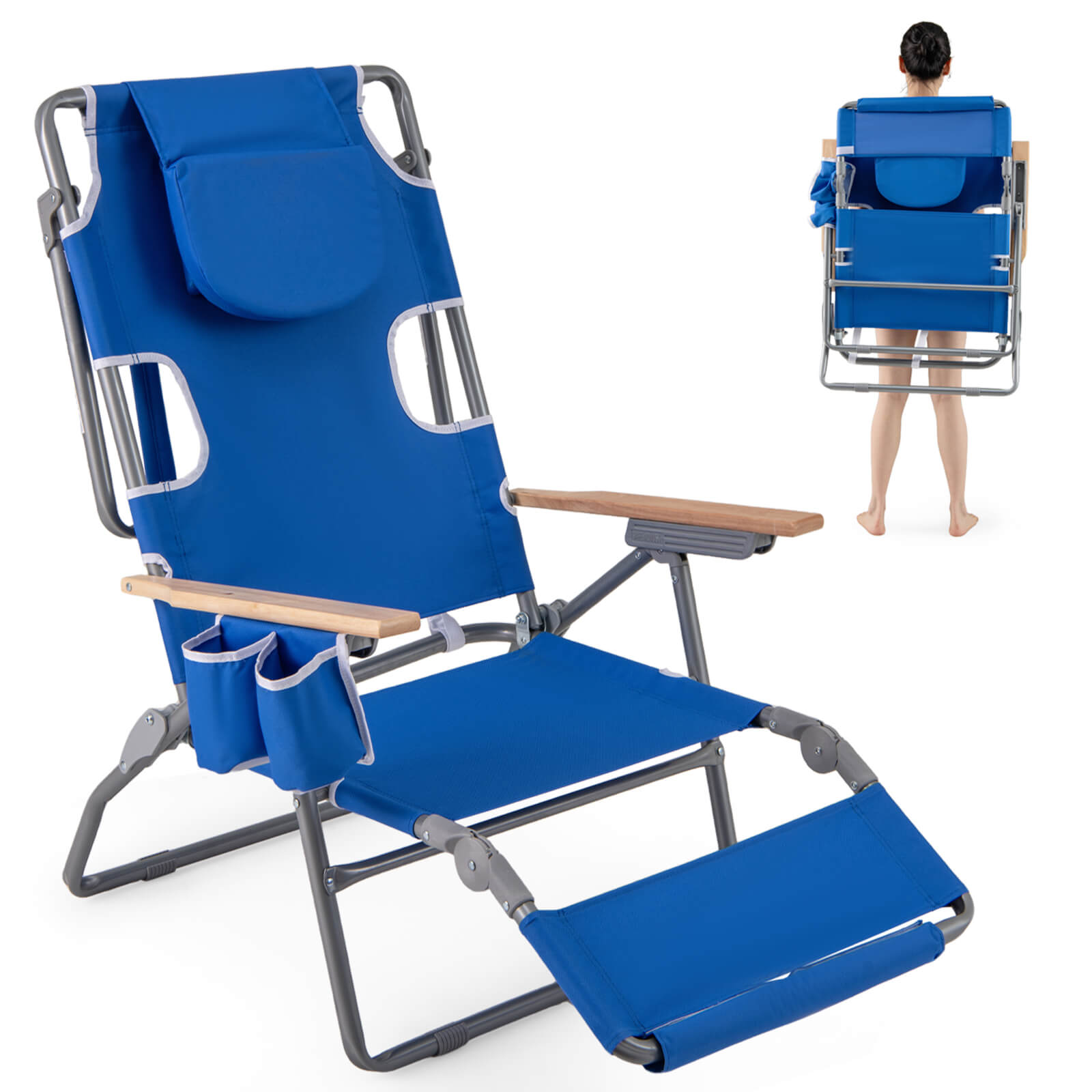 Costway 1/2 PCS 3-IN-1 Foldable Beach Chair with Face Hole, Footrest, Adjustable Backrest, Pillow