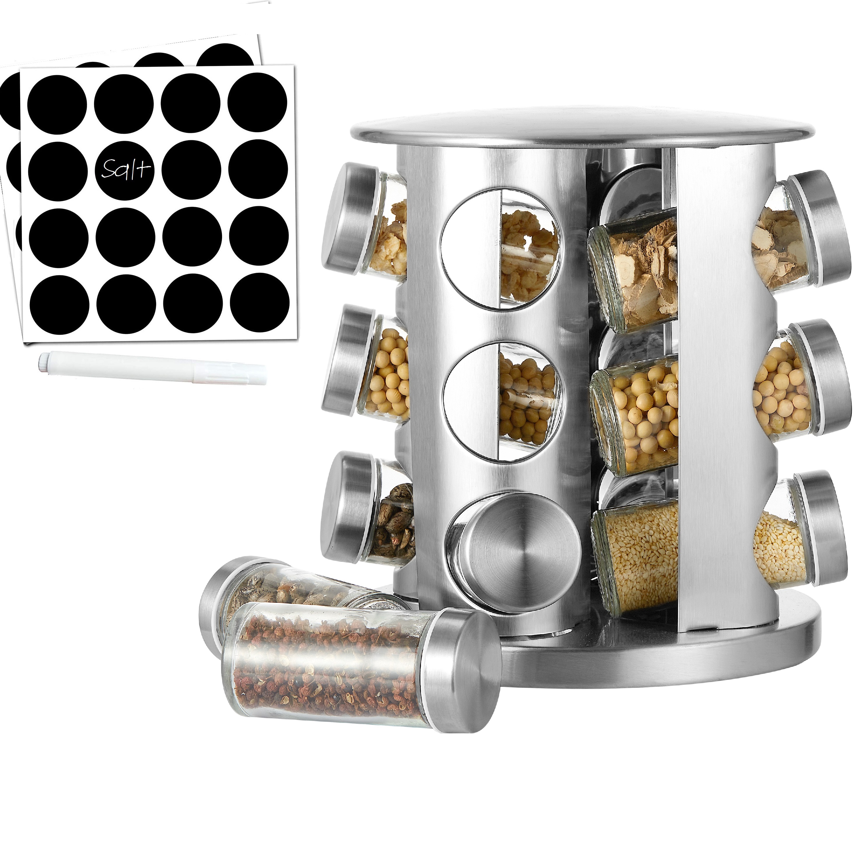 Stainless Steel Revolving 12 Jar Spice Organizer with Labels