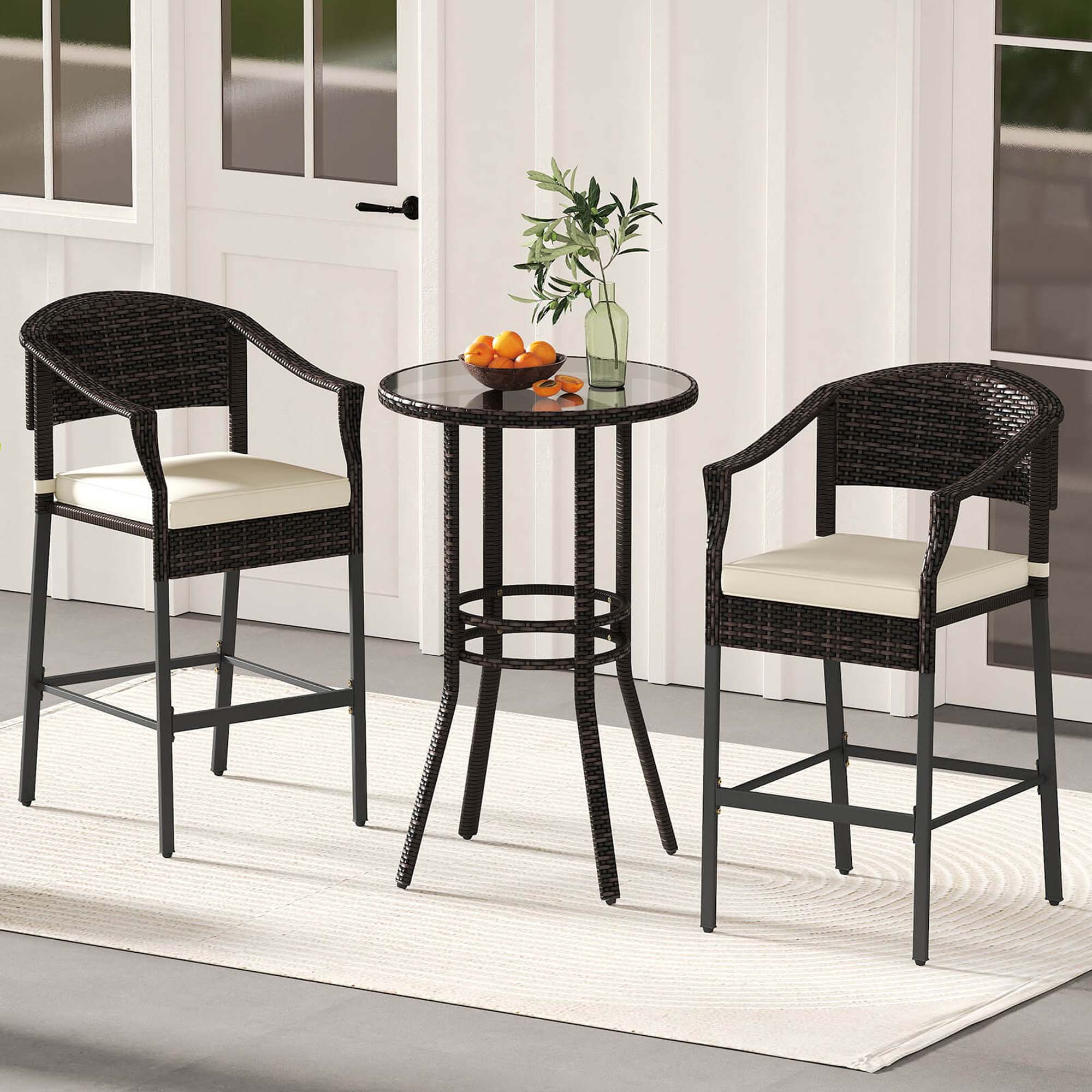 Costway 3-Piece Patio Rattan Bar Set Wicker Armchairs & Round Table with Tempered Glass Top