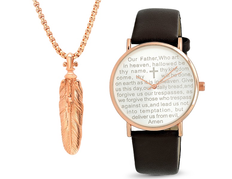 Bracelet & Watch Set W/ 18K Rose Gold Plated 24"" Chain W/ Feather Pendant