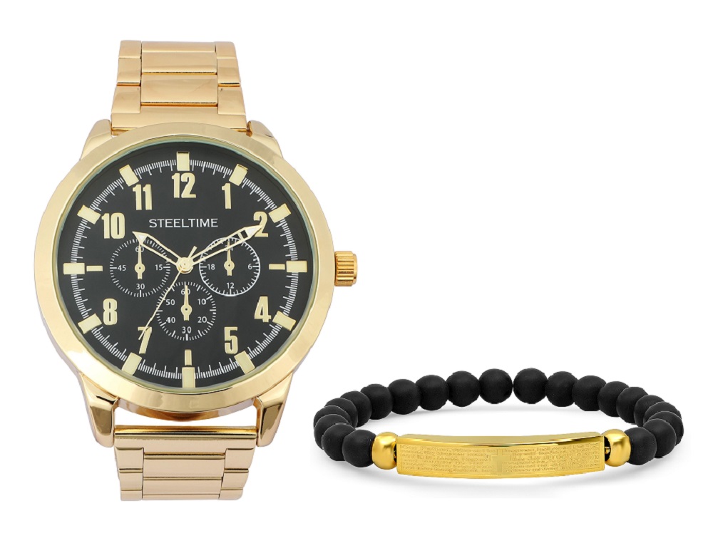 Gold Bracelet & Watch Set W/ Our Father Id Bracelet