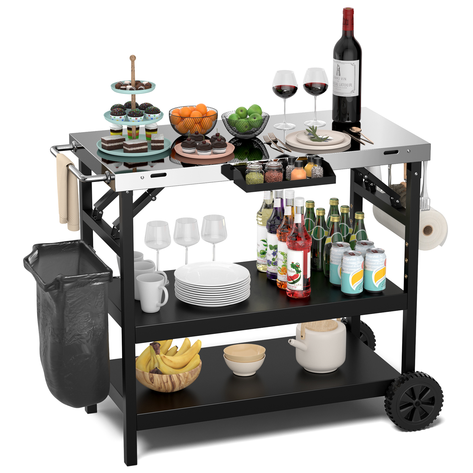 Costway 3-Tier Outdoor Food Prep Cart Table – Mobile Serving Trolley with Adjustable Shelf, Spice & Towel Rack