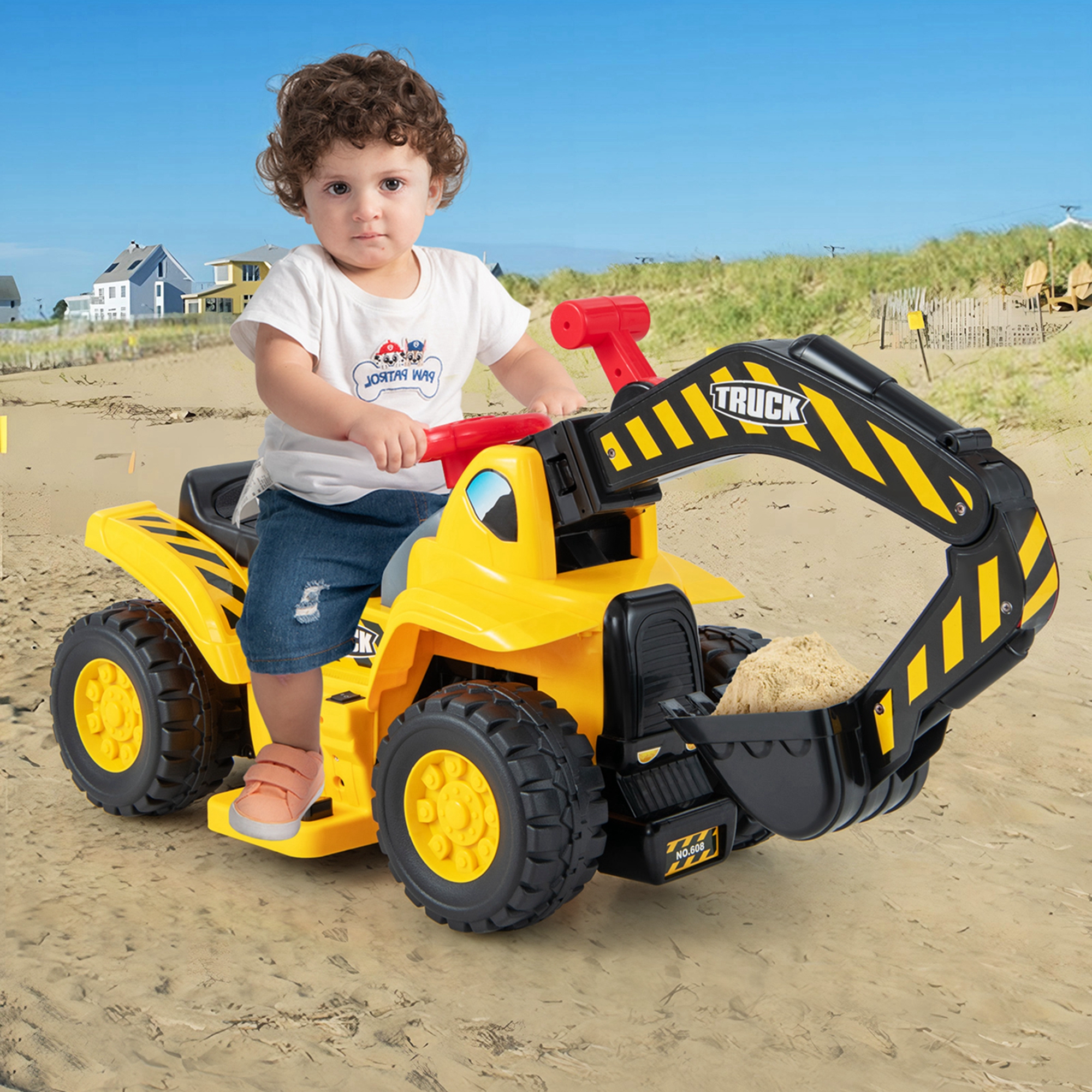 6V Electric Kids Ride On Excavator Pretend Play Toy Tractor w/ Basketball Hoop