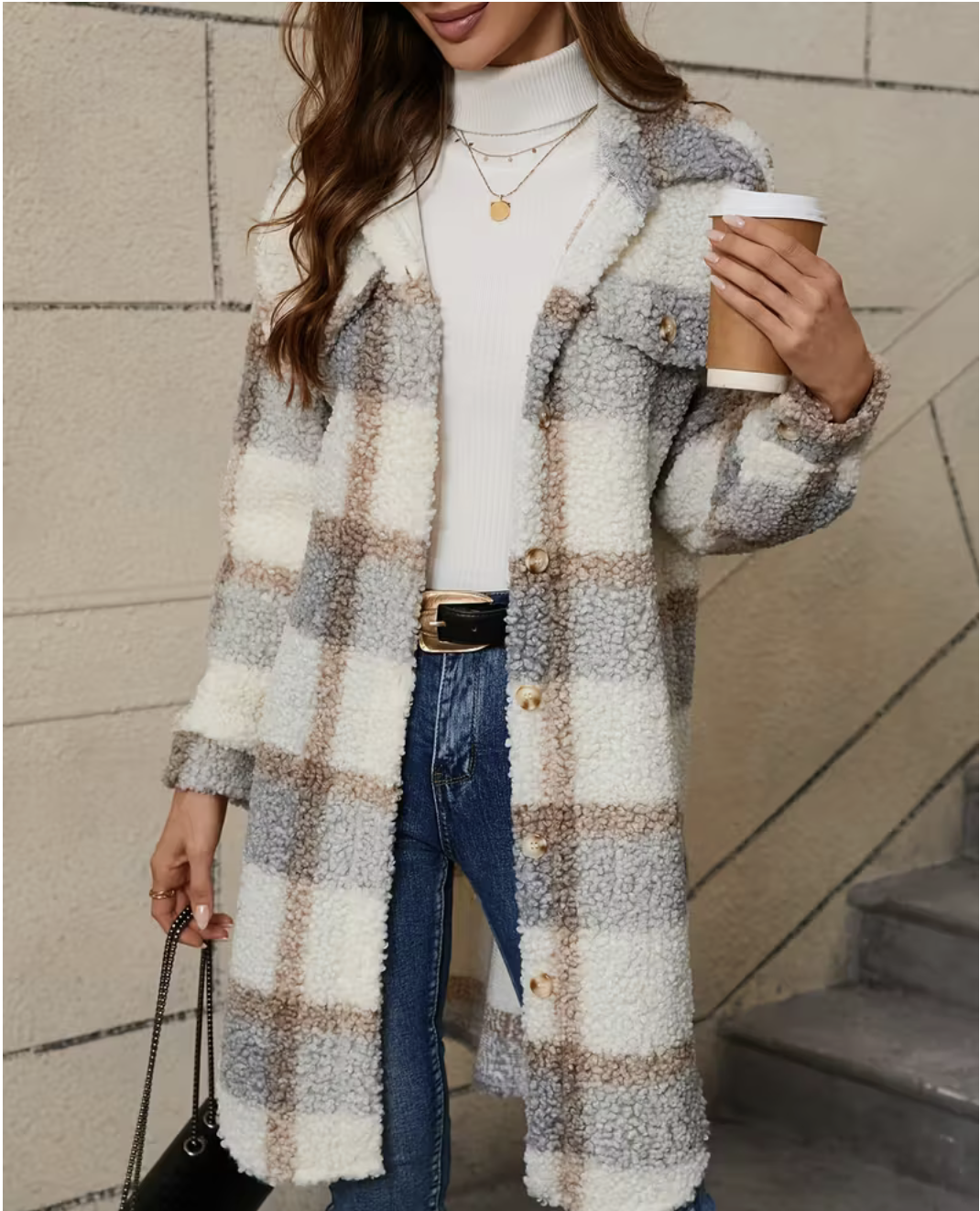 Women's Plaid Pattern Button Sherpa Coat