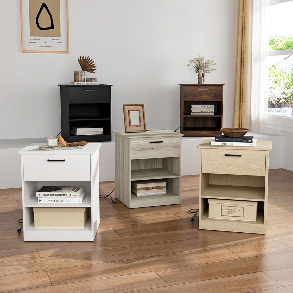 ZC LIVEDITOR 1-Drawer Nightstand with Charging Station and Adjustable Shelf