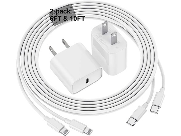 2-Pack 20W Fast Charger With 6.6 & 10ft Lightning Cable