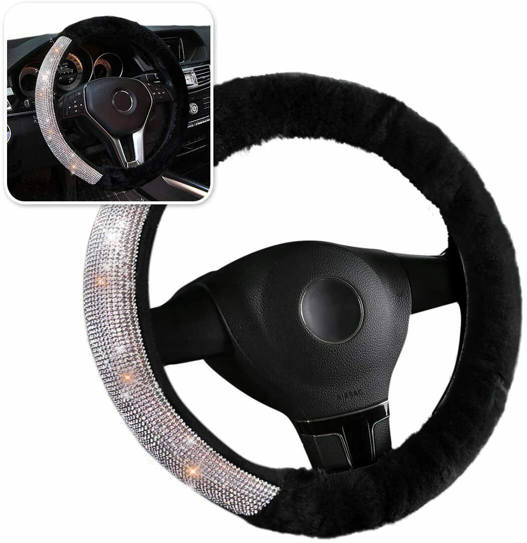 Zone Tech Faux Black Sheepskin Bling Diamond Steering Wheel Car Cover