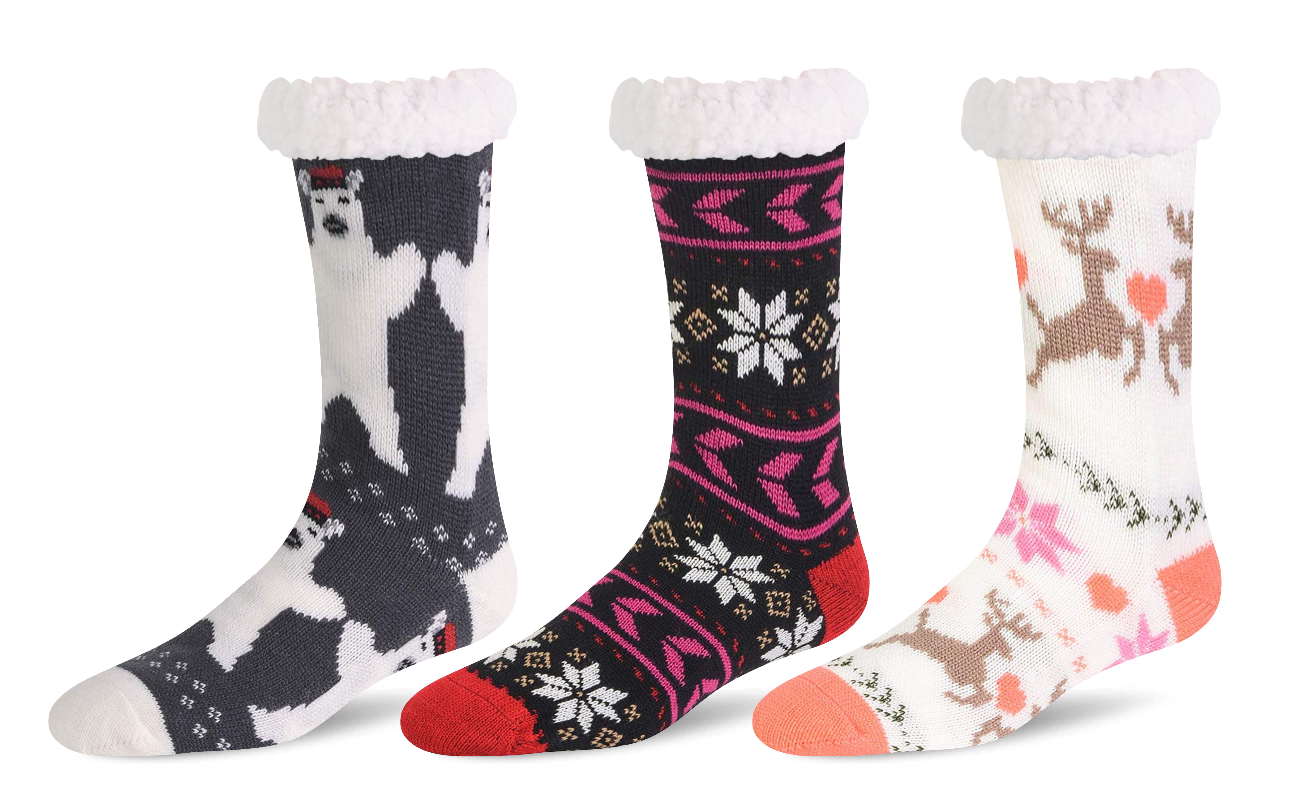 3 Pairs: Holiday Themed Sherpa-Lined Slipper Socks with Non-Skid Grips
