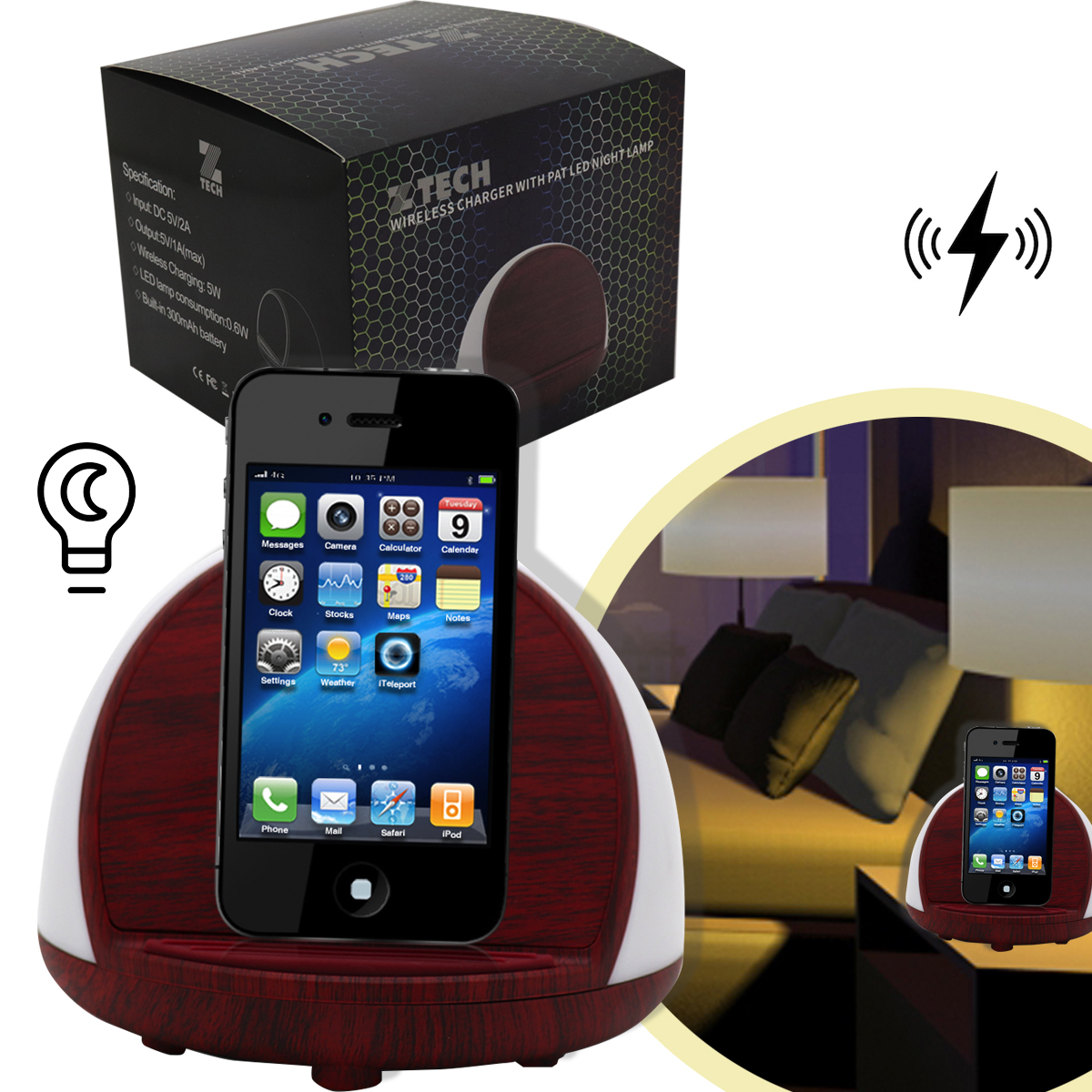 Zummy Wood Wireless Charger With LED Night Lamp