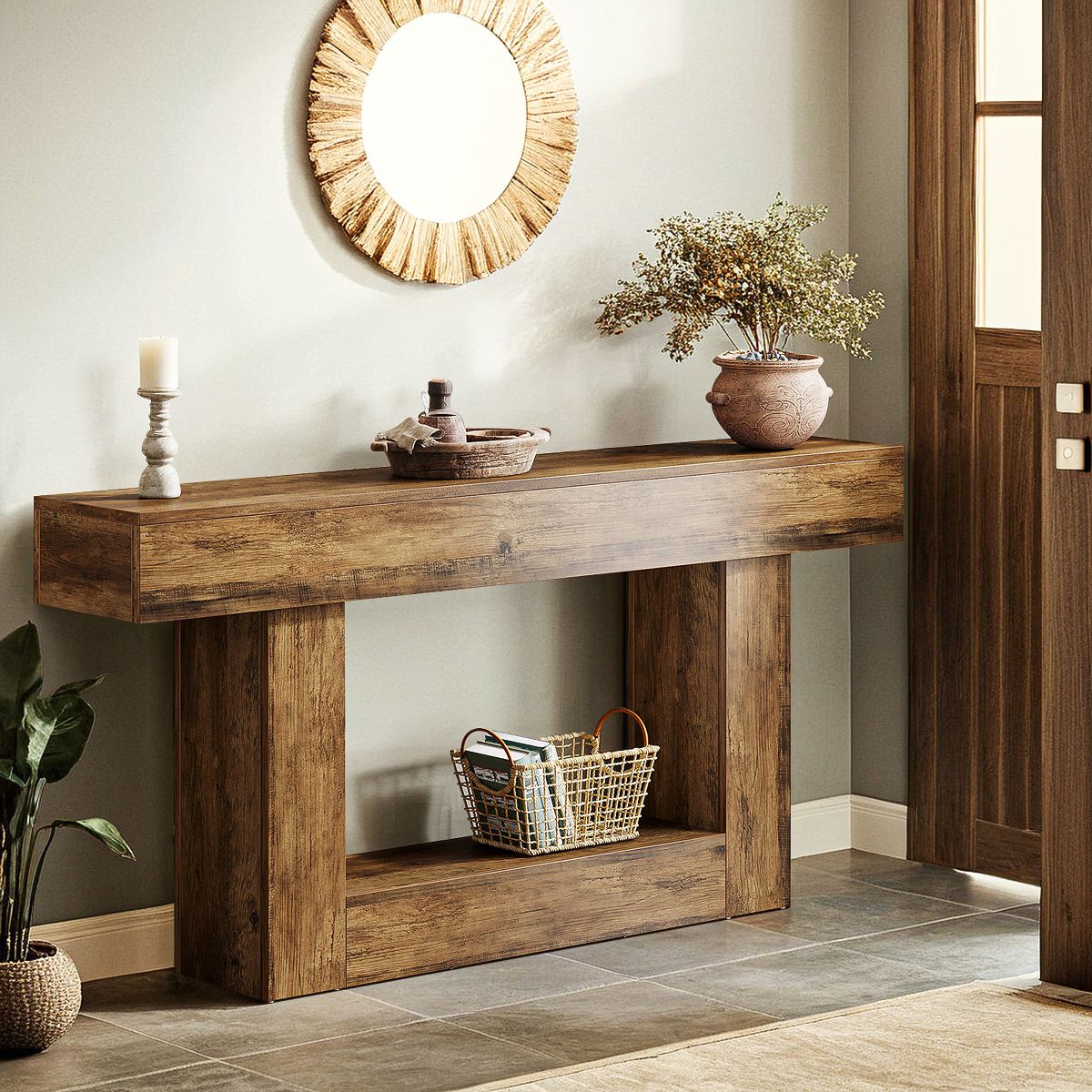 Resenkos 63" Chunky Farmhouse Console Table – Rustic Brown 2-Tier Entryway Table