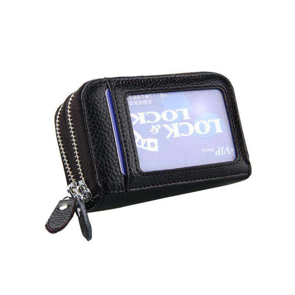 Leather RFID Blocking Wallet with Dual Zippers - Black