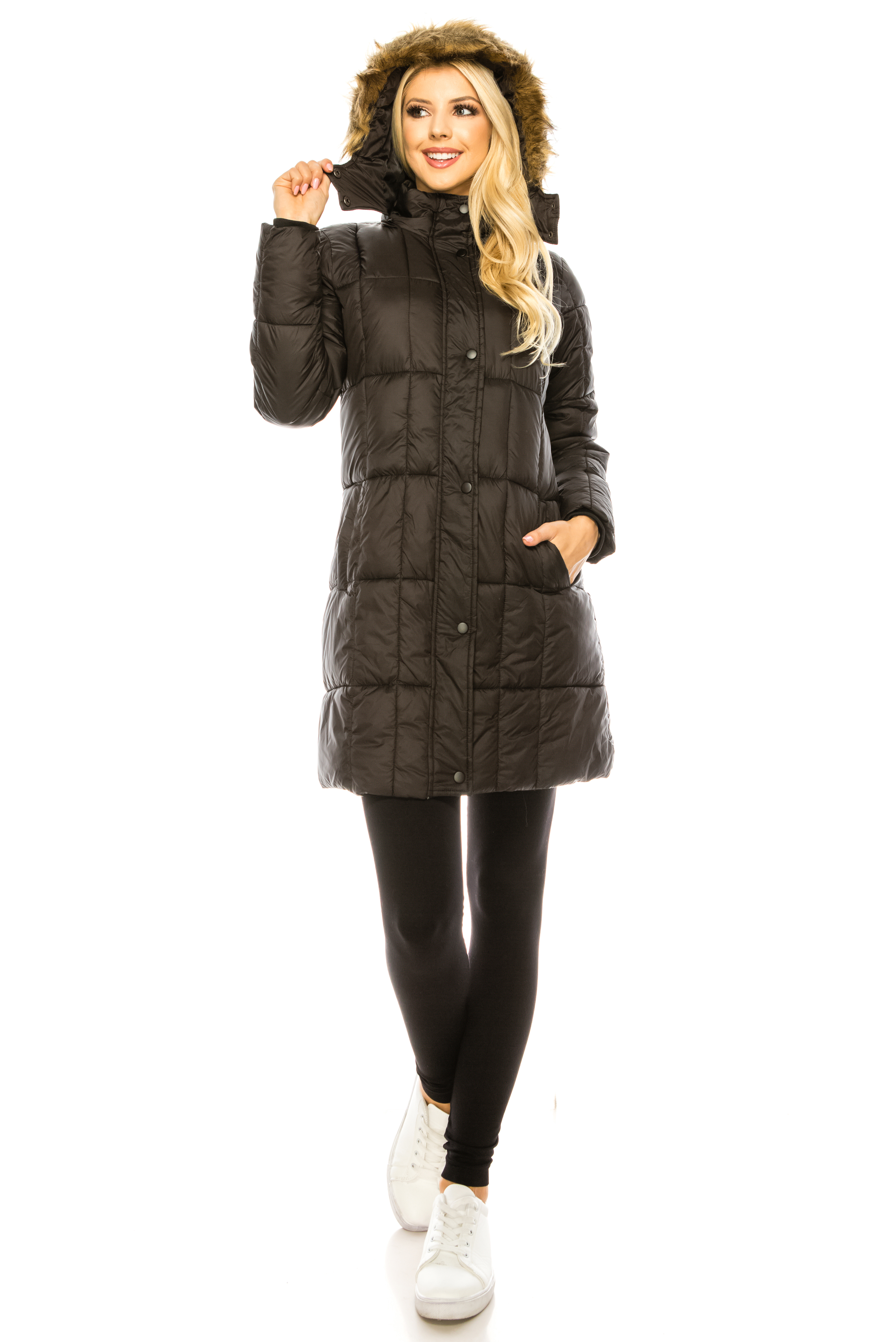 Women's Mid-Length Puffer Parka Coat with Faux Fur-lined Hood