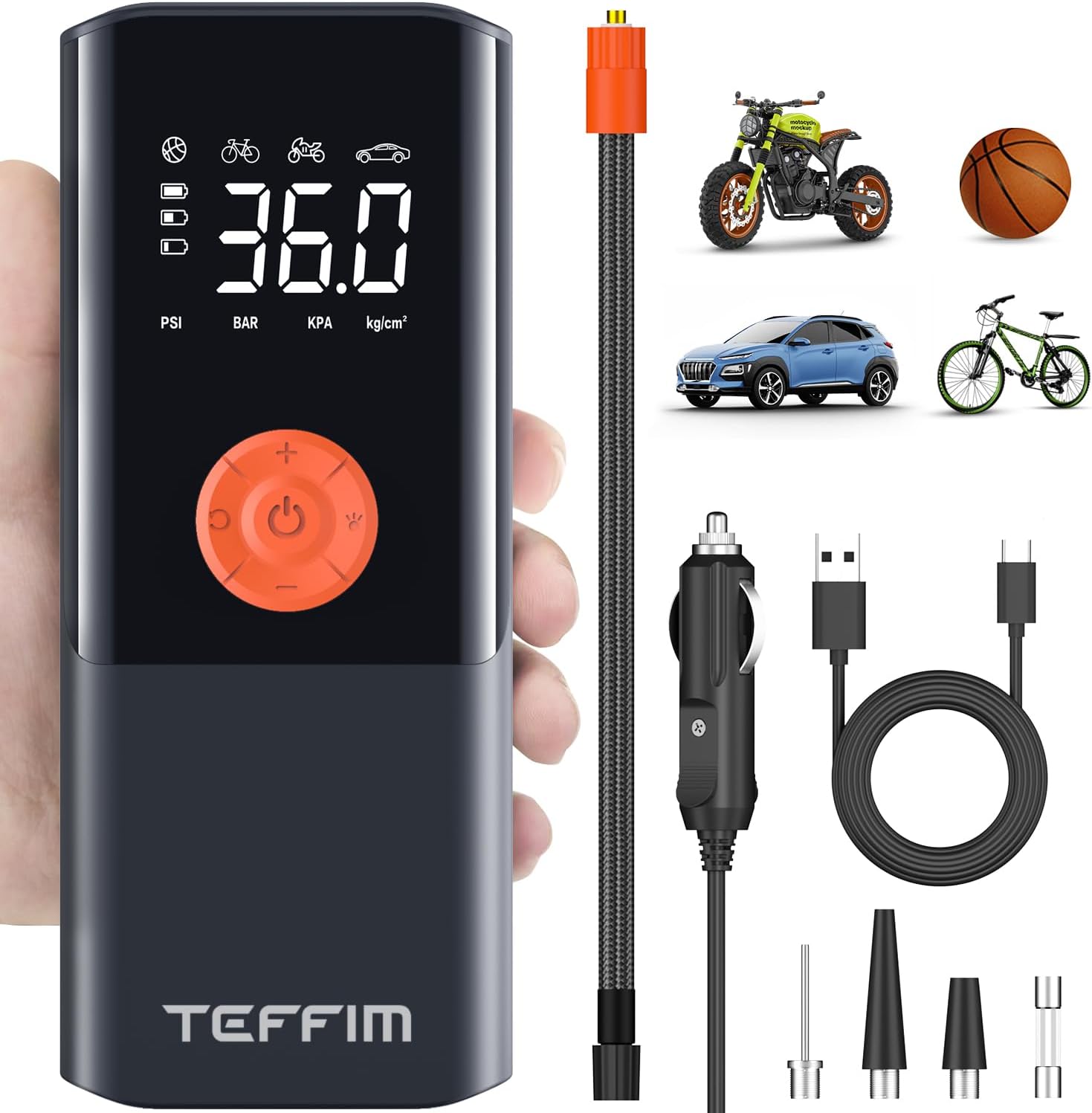 Teffim Tire Inflator Portable Digital Pressure Gauge, 10000mAh CZK-3690 - Black
