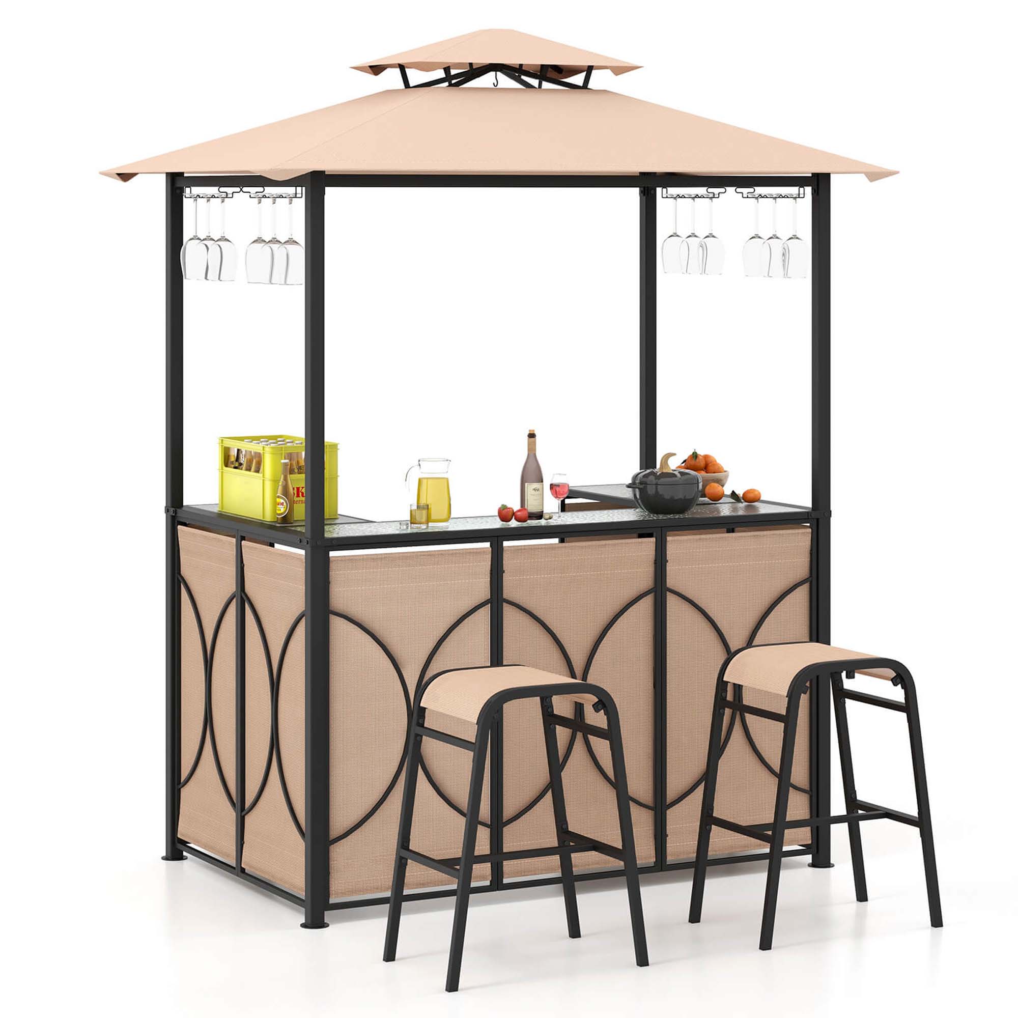 Costway 3-Piece Patio Bar Set with Tempered Glass Bar Table Metal Storage Shelves for Garden