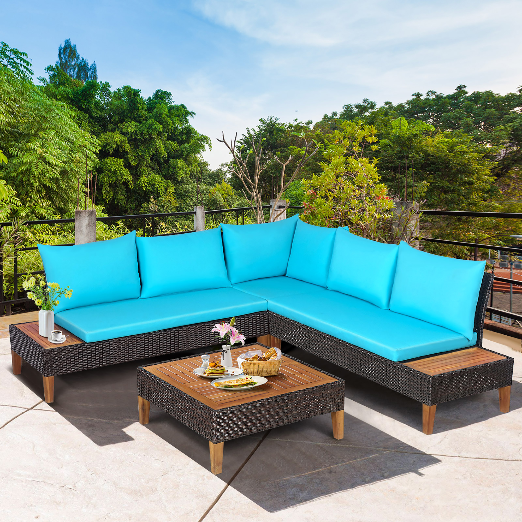 4 Piece Set: Cushioned Patio Sectional With Wooden Side Tables