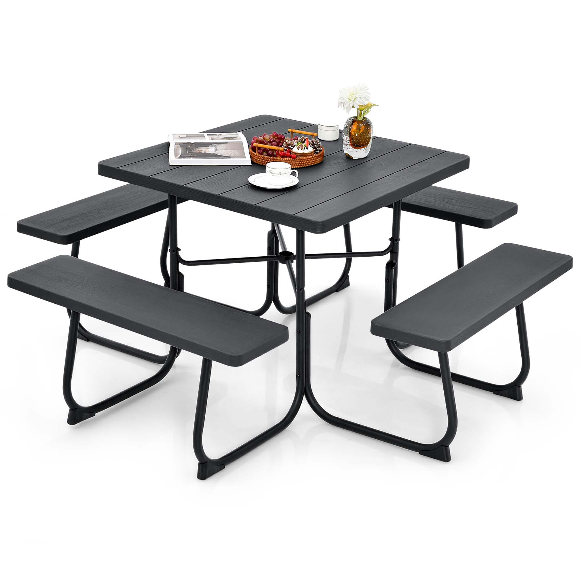 Costway Outdoor 8-person Square Picnic Table Bench Set with 4 Benches & Umbrella Hole Black/Grey/Green/White