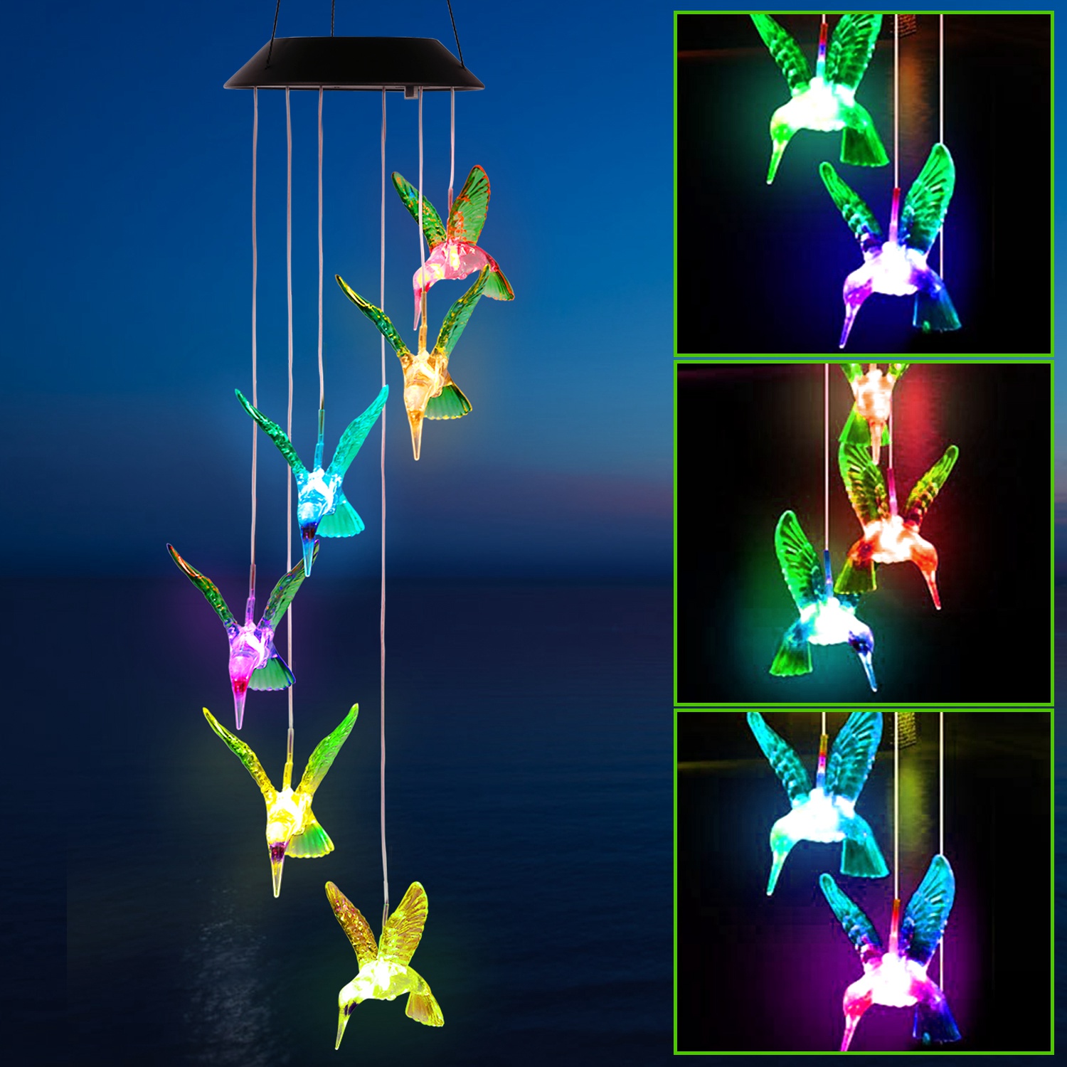 Color Changing LED Solar Hummingbird Wind Chime Solar String Lights