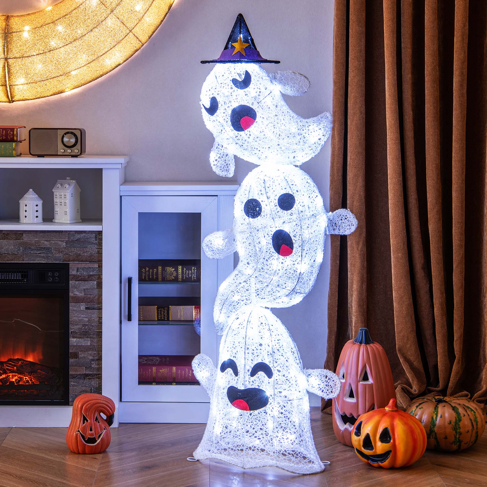 Costway 4 FT Lighted Stacked Ghosts Standing Halloween Decoration - 120 LED Lights