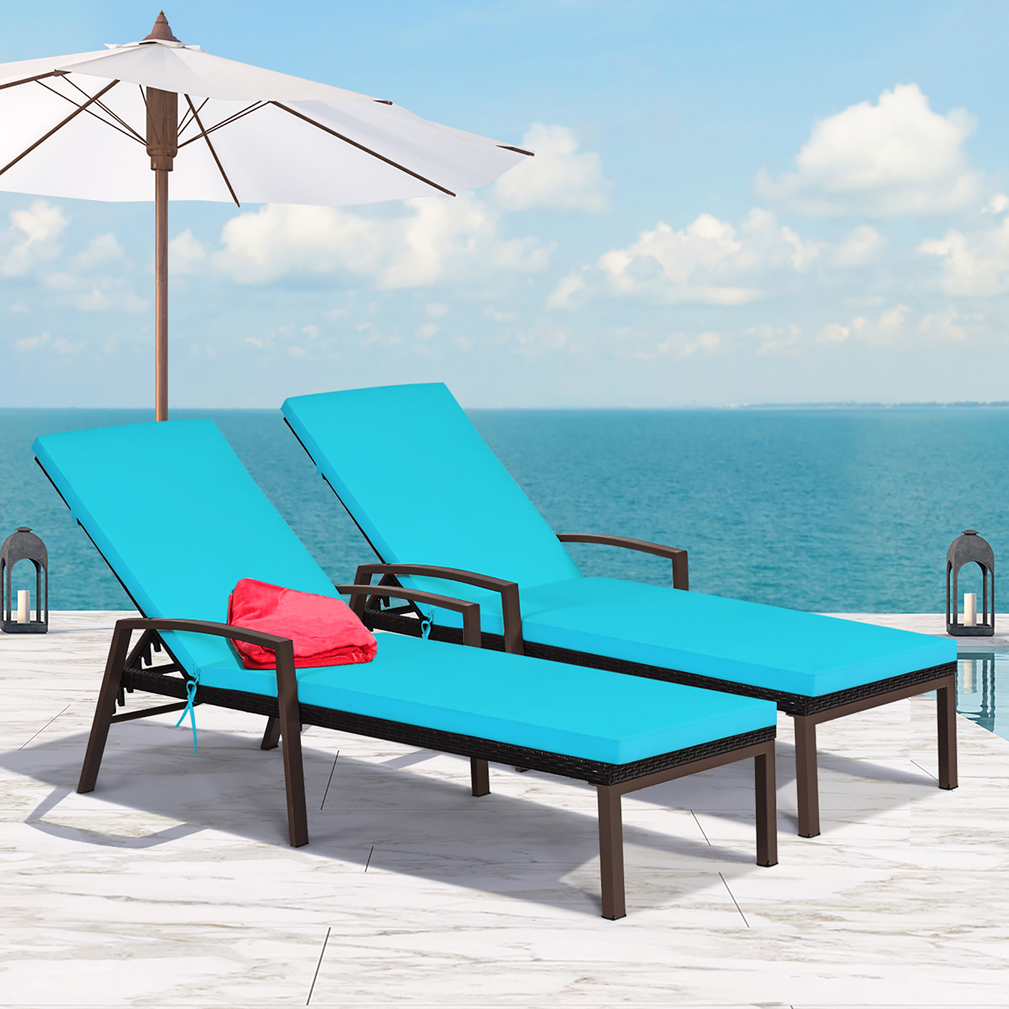 2 Piece Set: Patio Rattan Reclining Lounge Chair