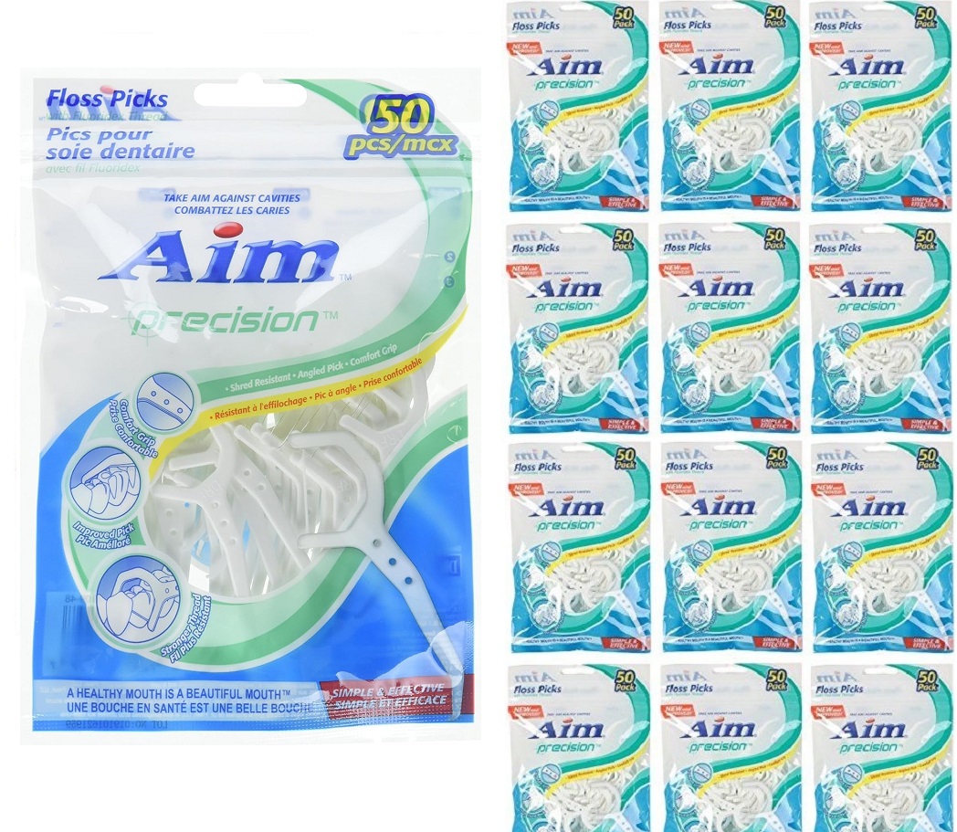 12-Pack Aim Precision Floss Picks With Fluoridex Thread - 50 Count
