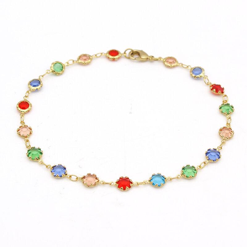 18K Gold Plated High Polish Finish Light Multi Color Round Crystal Ankle Bracelet