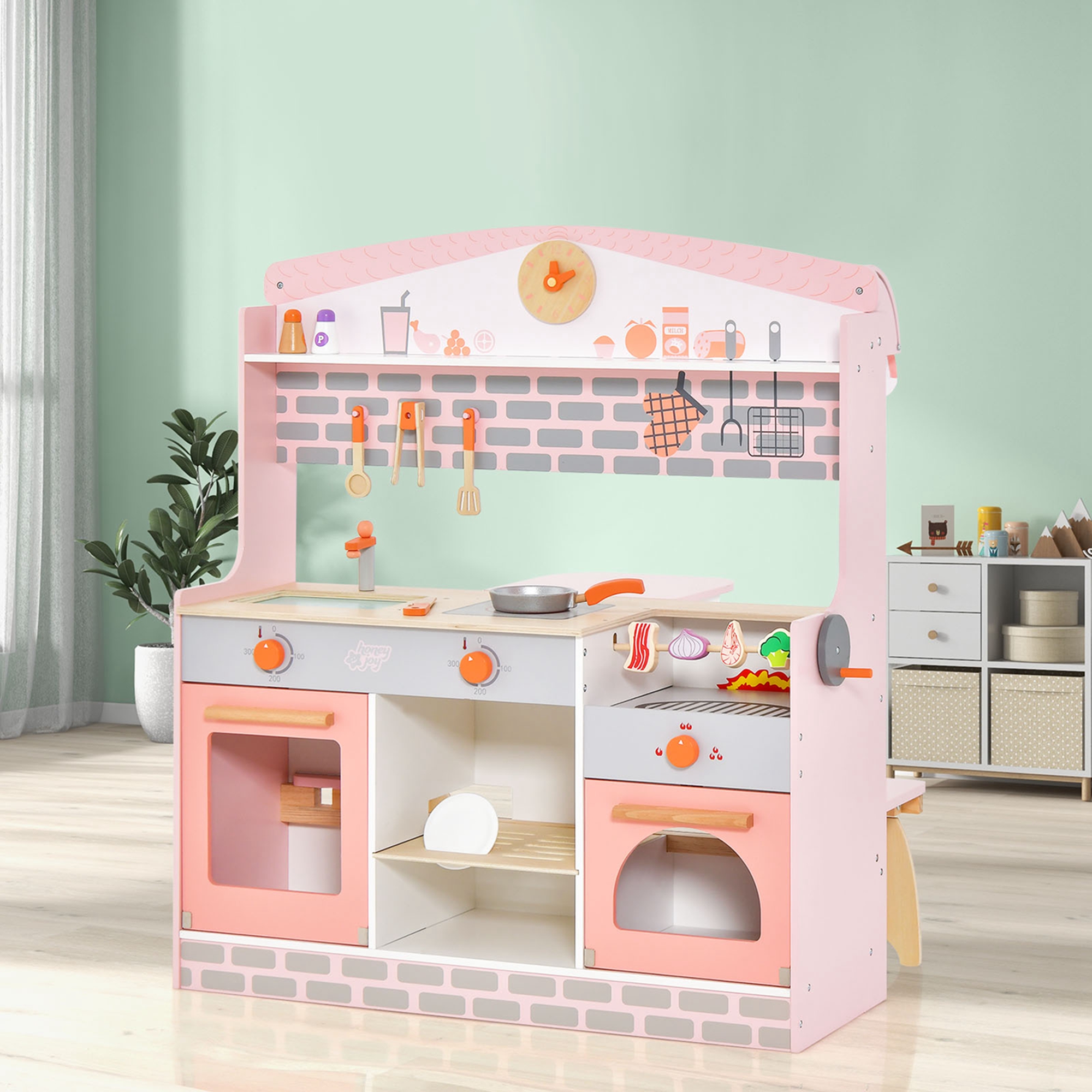 2 in 1 Kids Play Kitchen & Restaurant Double-Sided Pretend Playset with Canopy